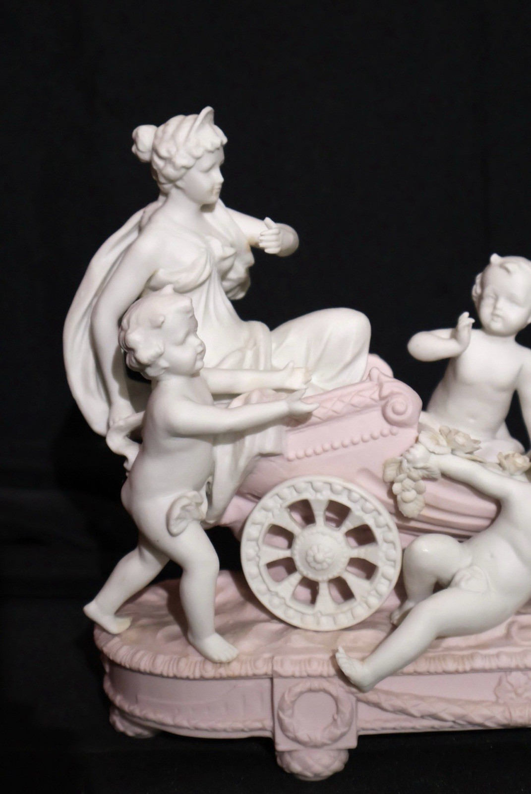 Vintage Bisque Porcelain Chariot With Goddess And Cherubs Sculptural Centerpiece