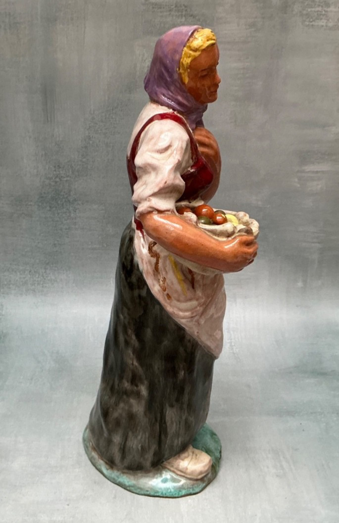 Keramik Austria Hand Painted Woman WIth Fruit Basket Sculpture Figurine 13 1/2”