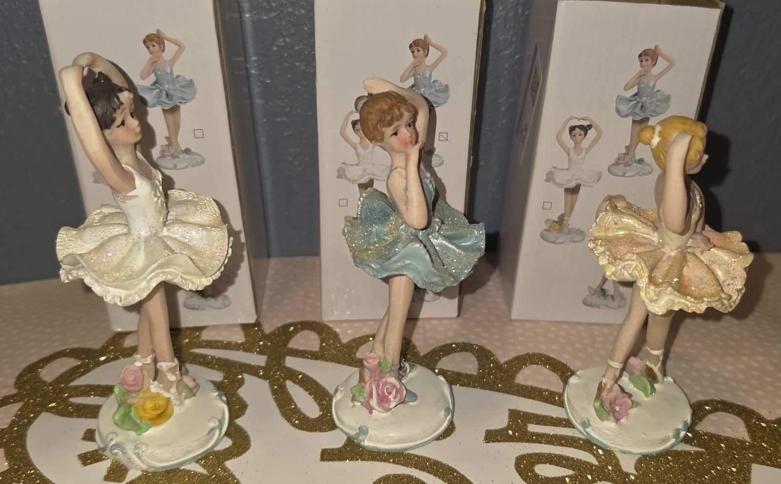 Three Burton + Burton 1 White, 1 Blue, 1 Pink Resin Ballerina Figurines W/Boxes