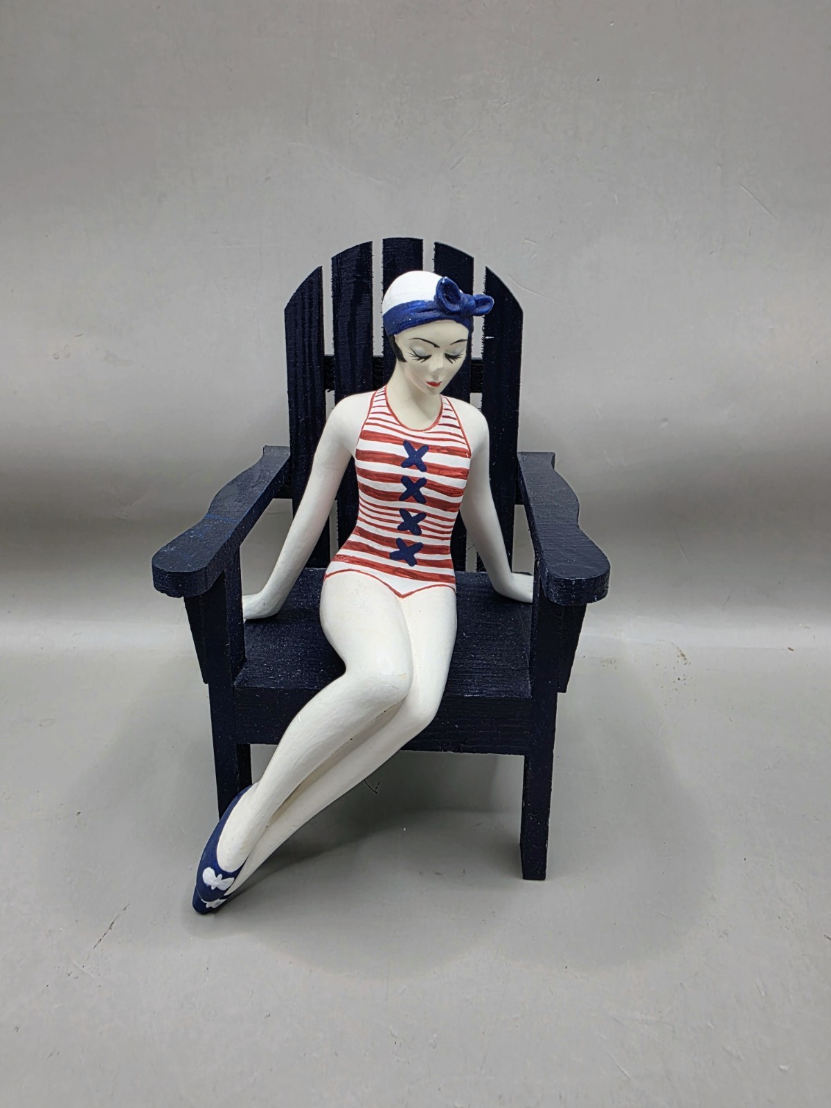Retro Bathing Beauty Figurine – Art Deco Shelf Sitter – Red White & Blue Stripes