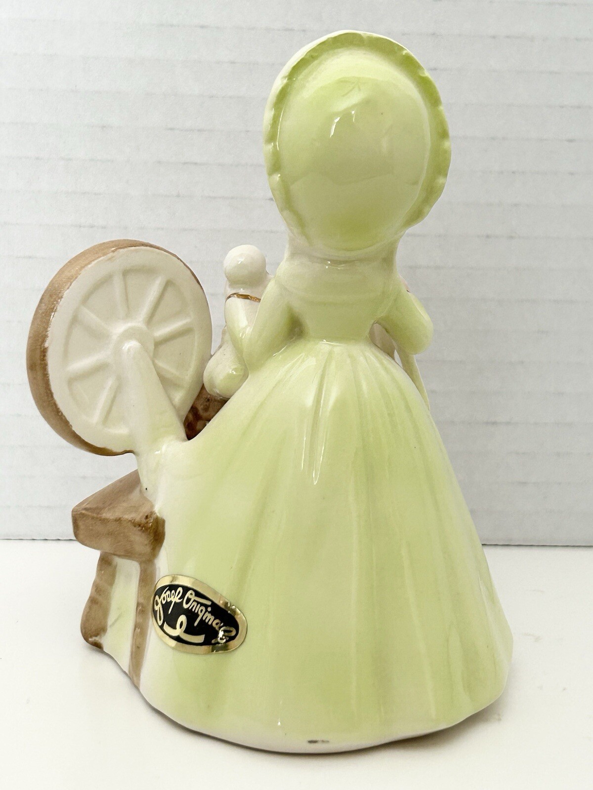 Josef Originals Colonial Days Spinning Wheel Girl Figurine Green Dress