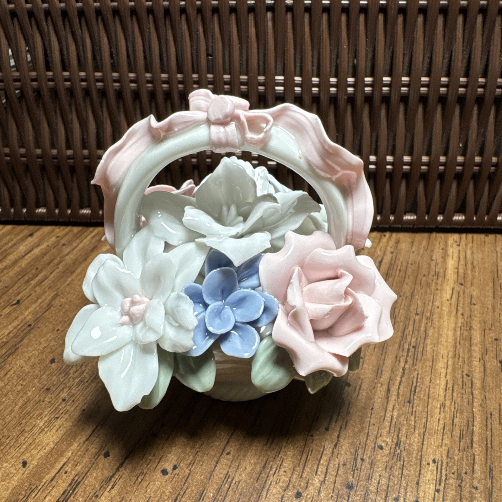 PORCELAIN BASKET OF FLOWERS glossy finish 3″ x 3.5″ In perfect shape!