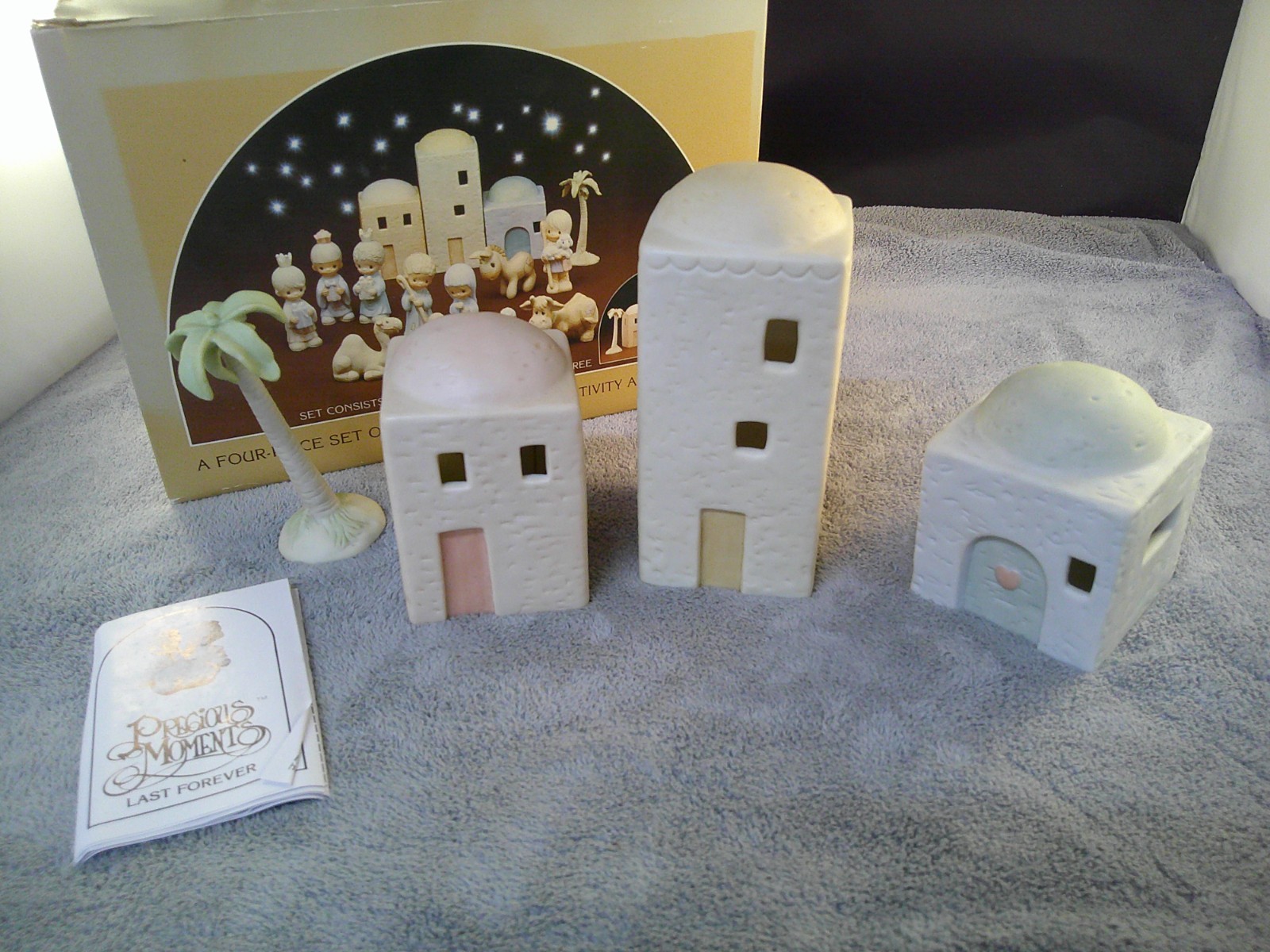 Precious Moment Nativity Set of 3 Buildings and Palm Tree 1987 #E-2387 hourglass
