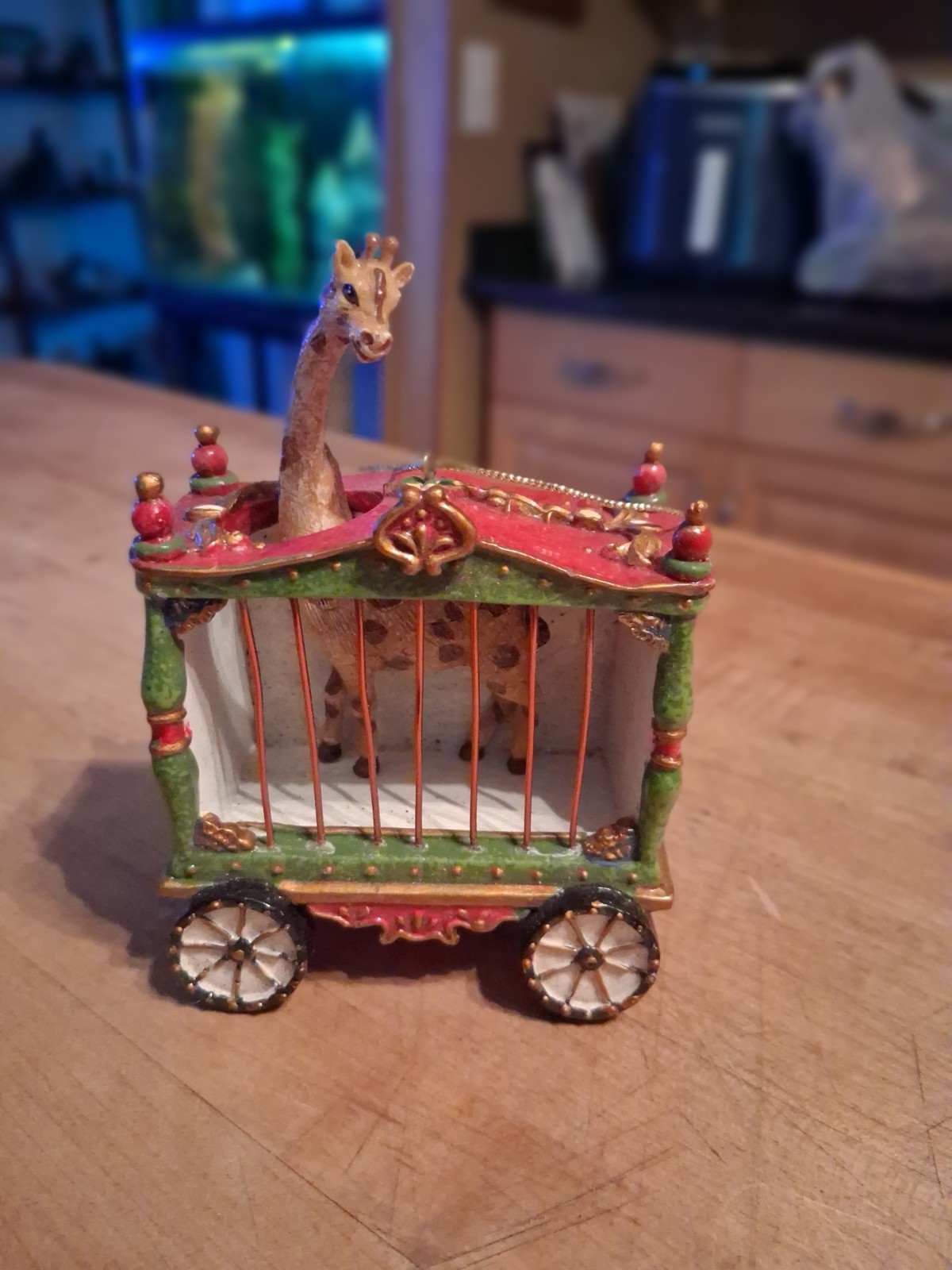 Circus Giraffe Figurine in Decorative Red Green Gold Resin Wagon, Glossy Finish