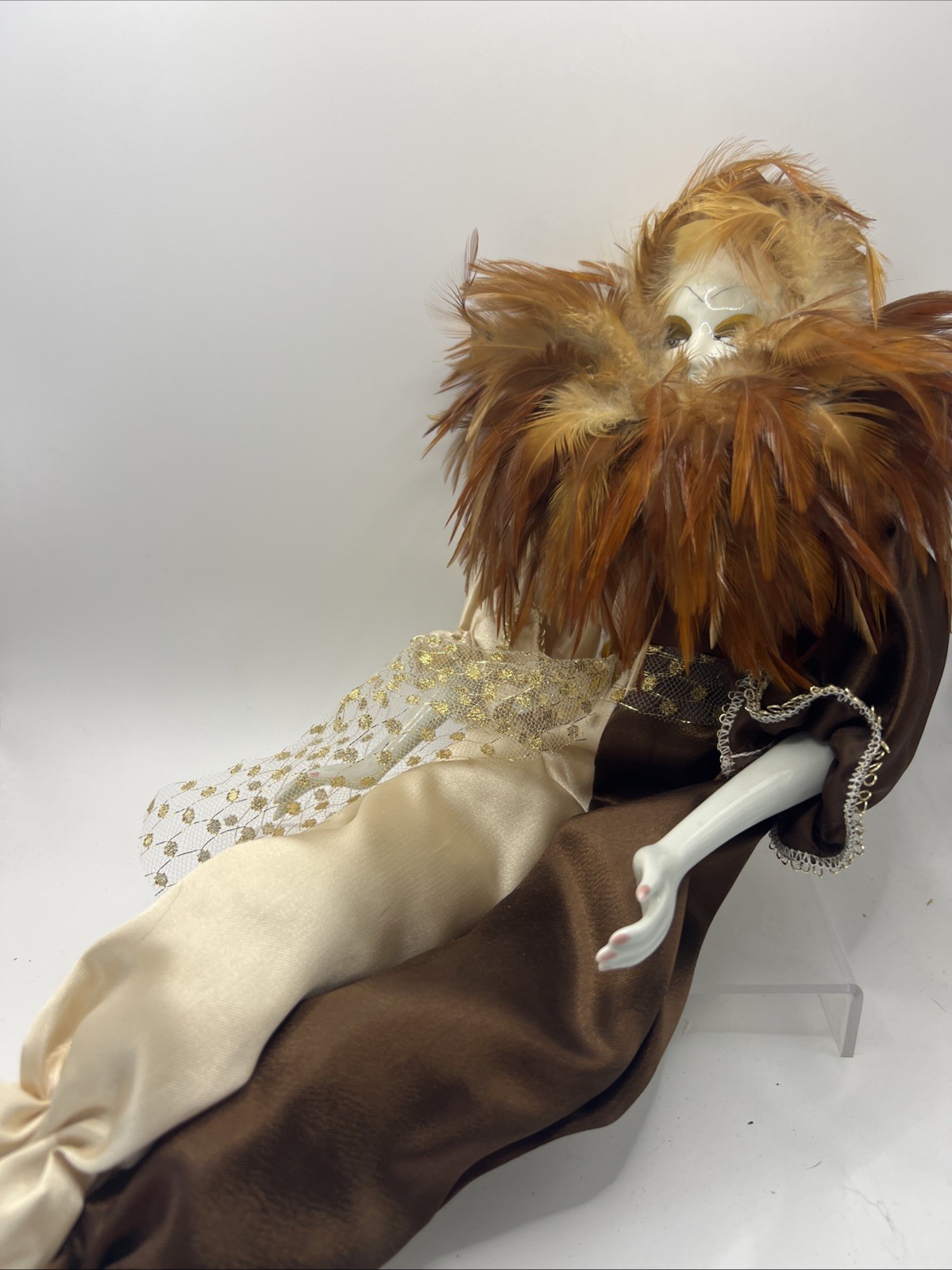 Porcelain Harlequin Doll Feathers 17″ Sitting Brown Beige Jester