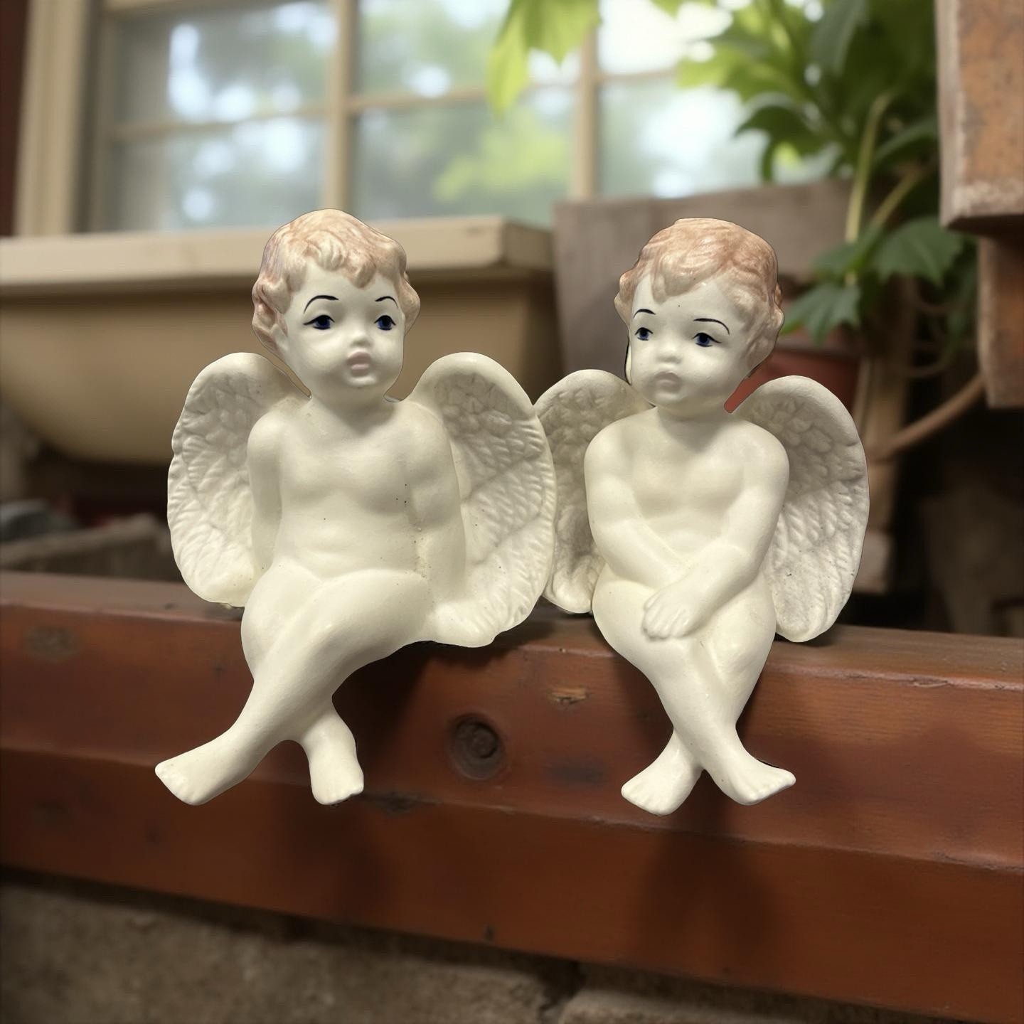 Vintage Porcelain Cherub Shelf Sitters Set of 2 Romantic Decor Gothic