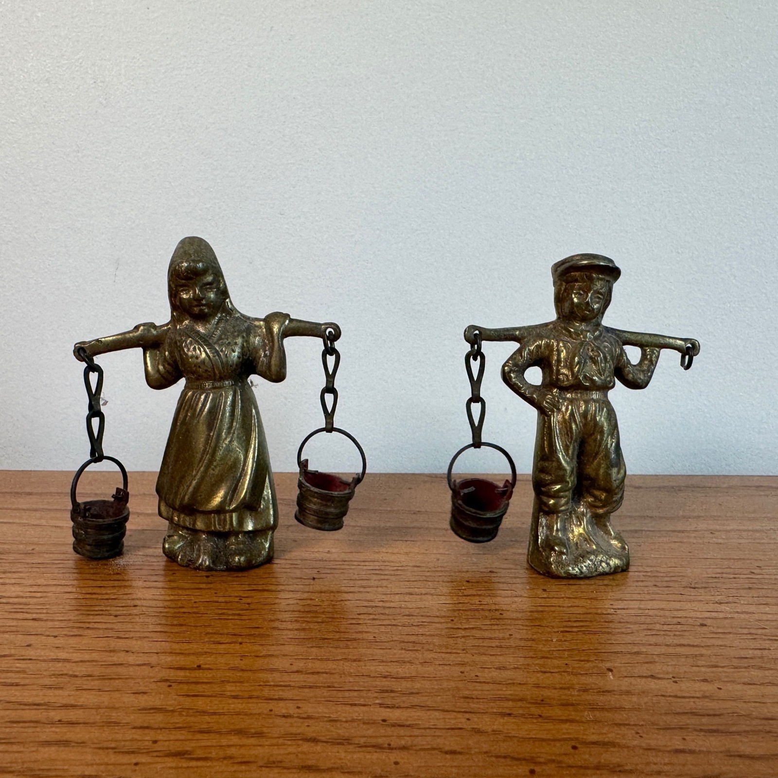 Vintage Brass Dutch Boy and Girl Water Carrier Figurines with Buckets