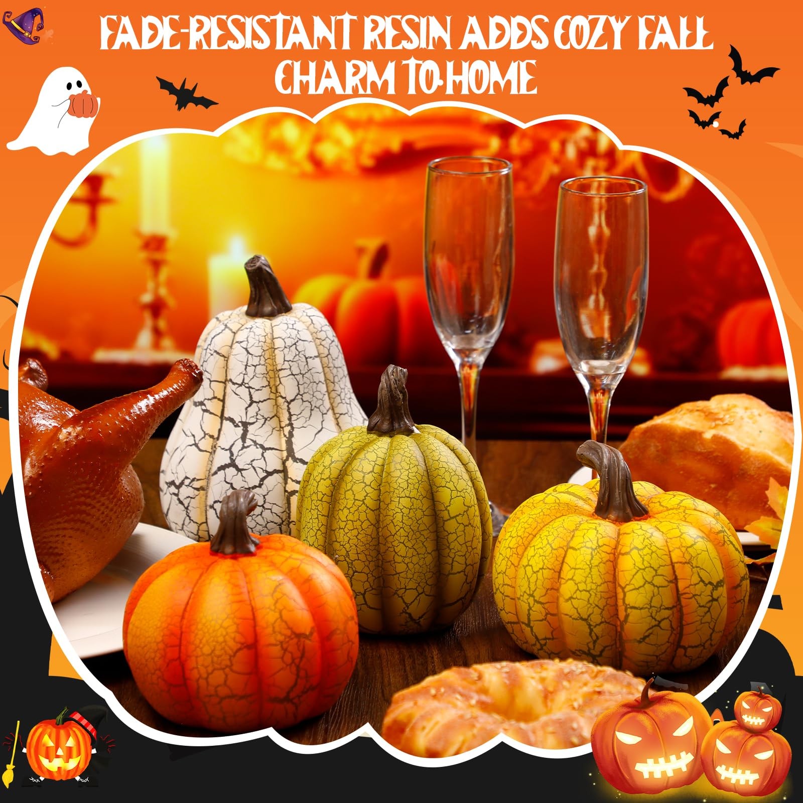 4 PCS Fall Resin Pumpkin Table Decor 6.7 Inch Cracked Halloween Figurine
