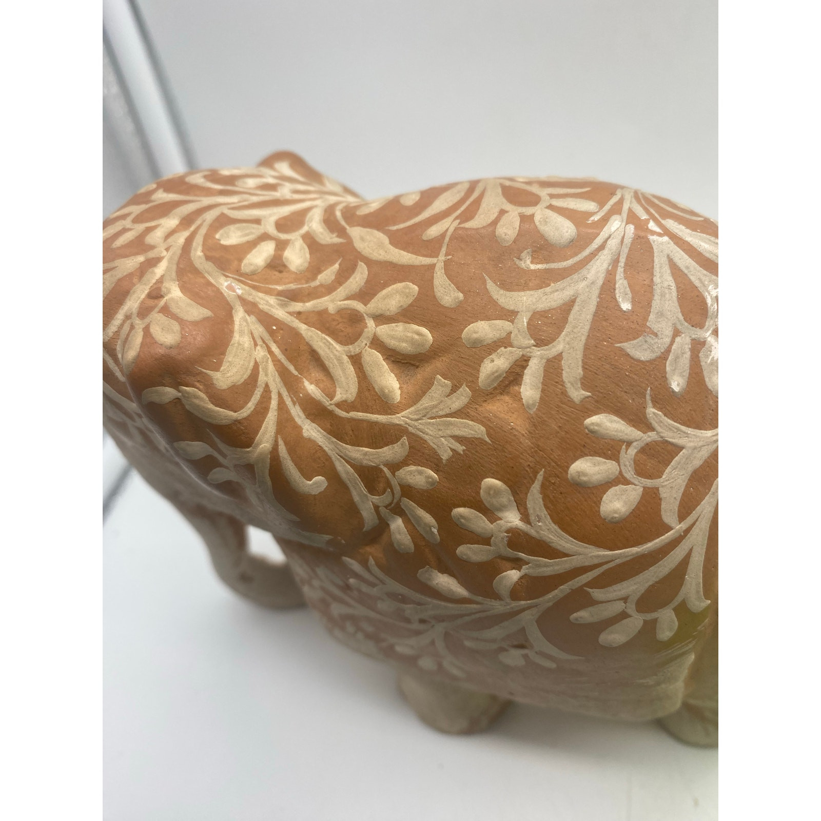 Terracotta Painted ElephantWhite painted Scroll design 6×7″Boho eclectic