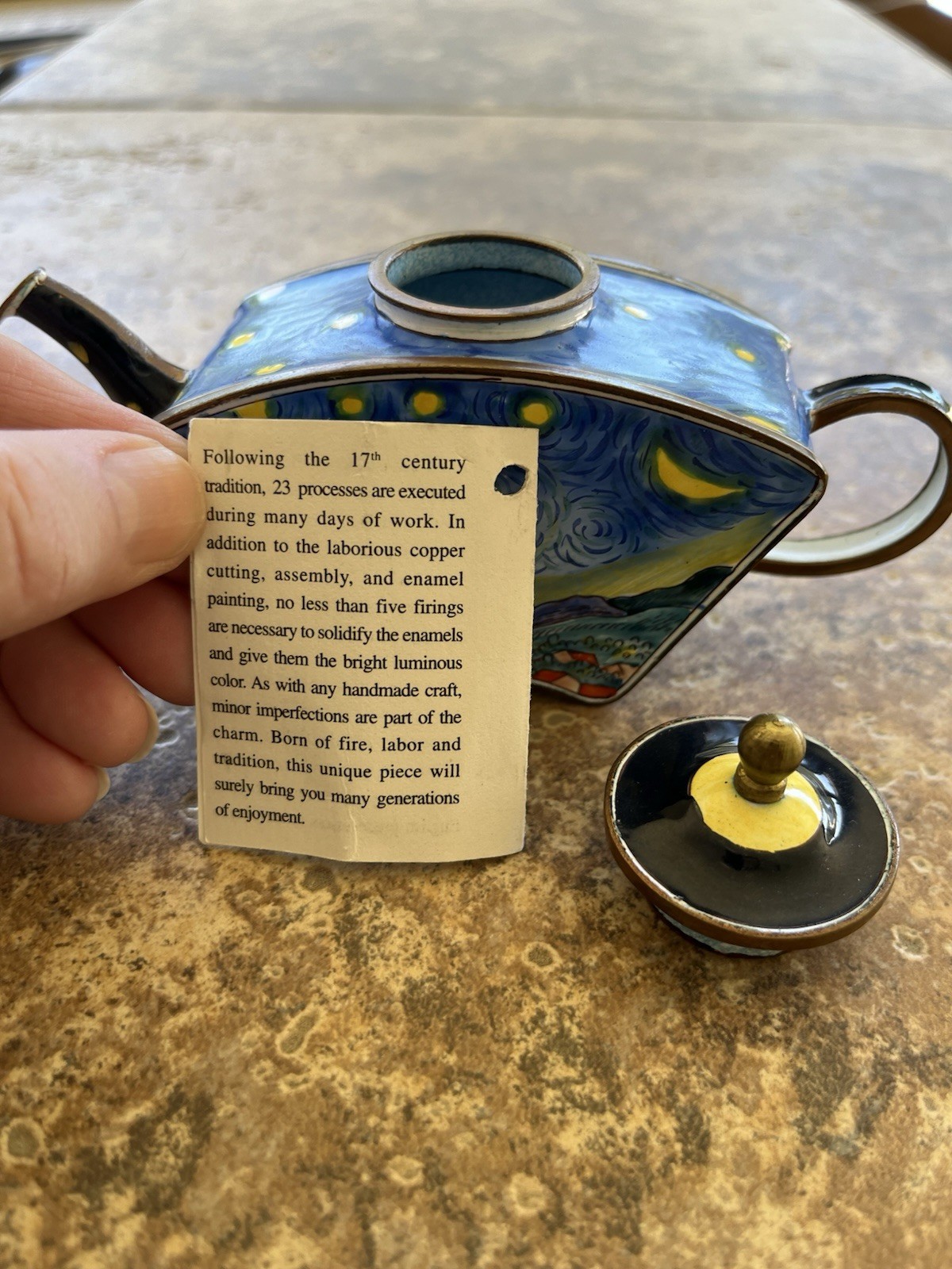 KELVIN CHEN ENAMELED MINIATURE TEAPOT VAN GOGH STARRY NIGHT – 2001 – WITH PAPER