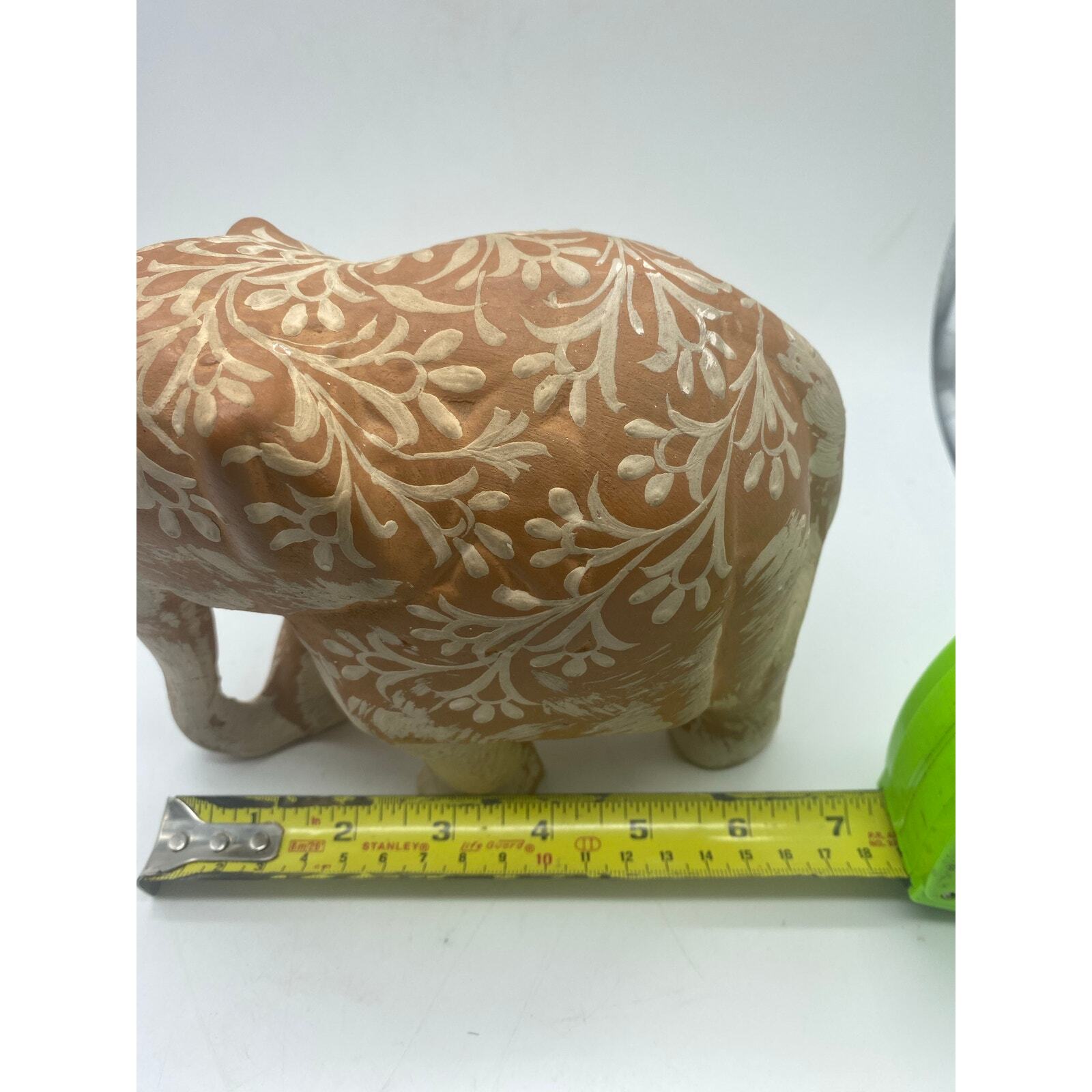 Terracotta Painted ElephantWhite painted Scroll design 6×7″Boho eclectic