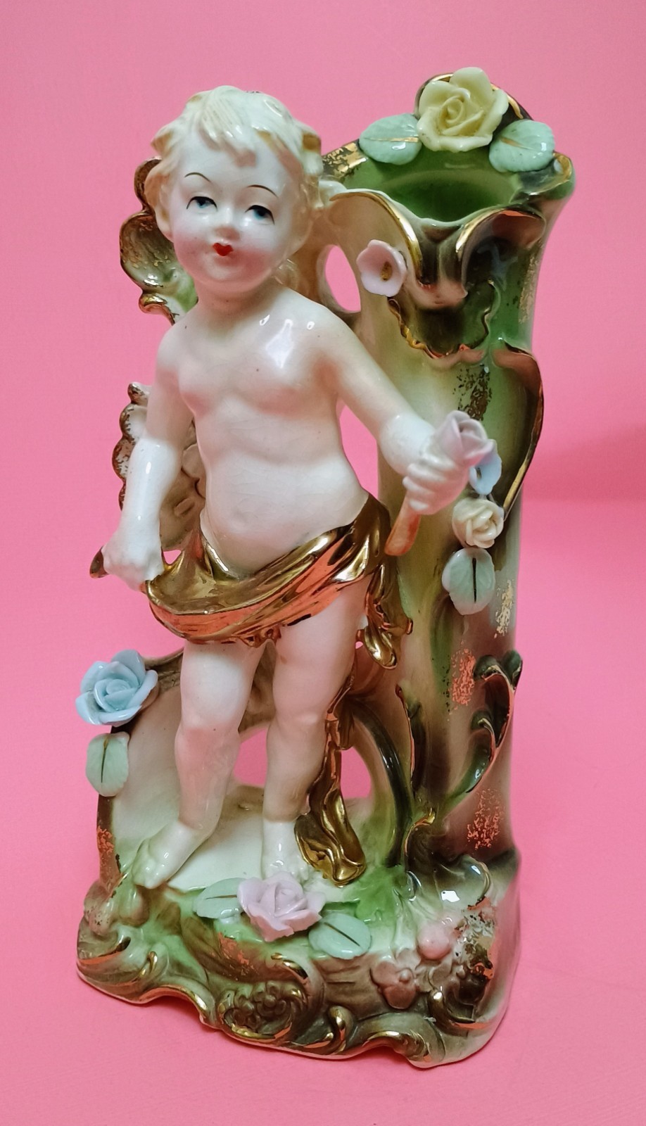 Vintage Bisque Cherub Putti Figurine Vase Hand Painted Porcelain Japan
