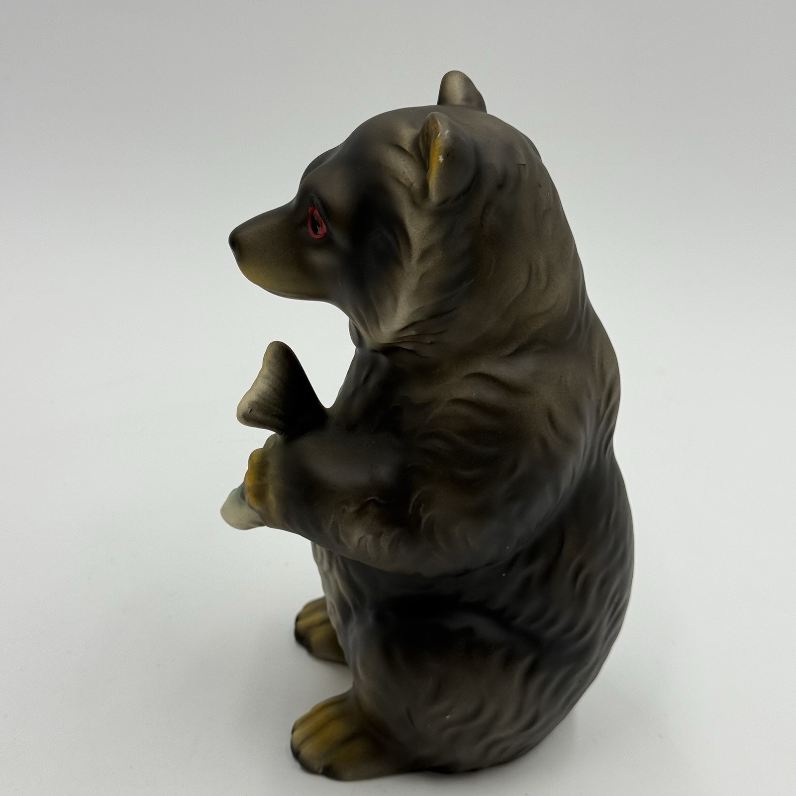 Brown Black Bear Holding Fish Ceramic Vintage Figurine Matte Finish