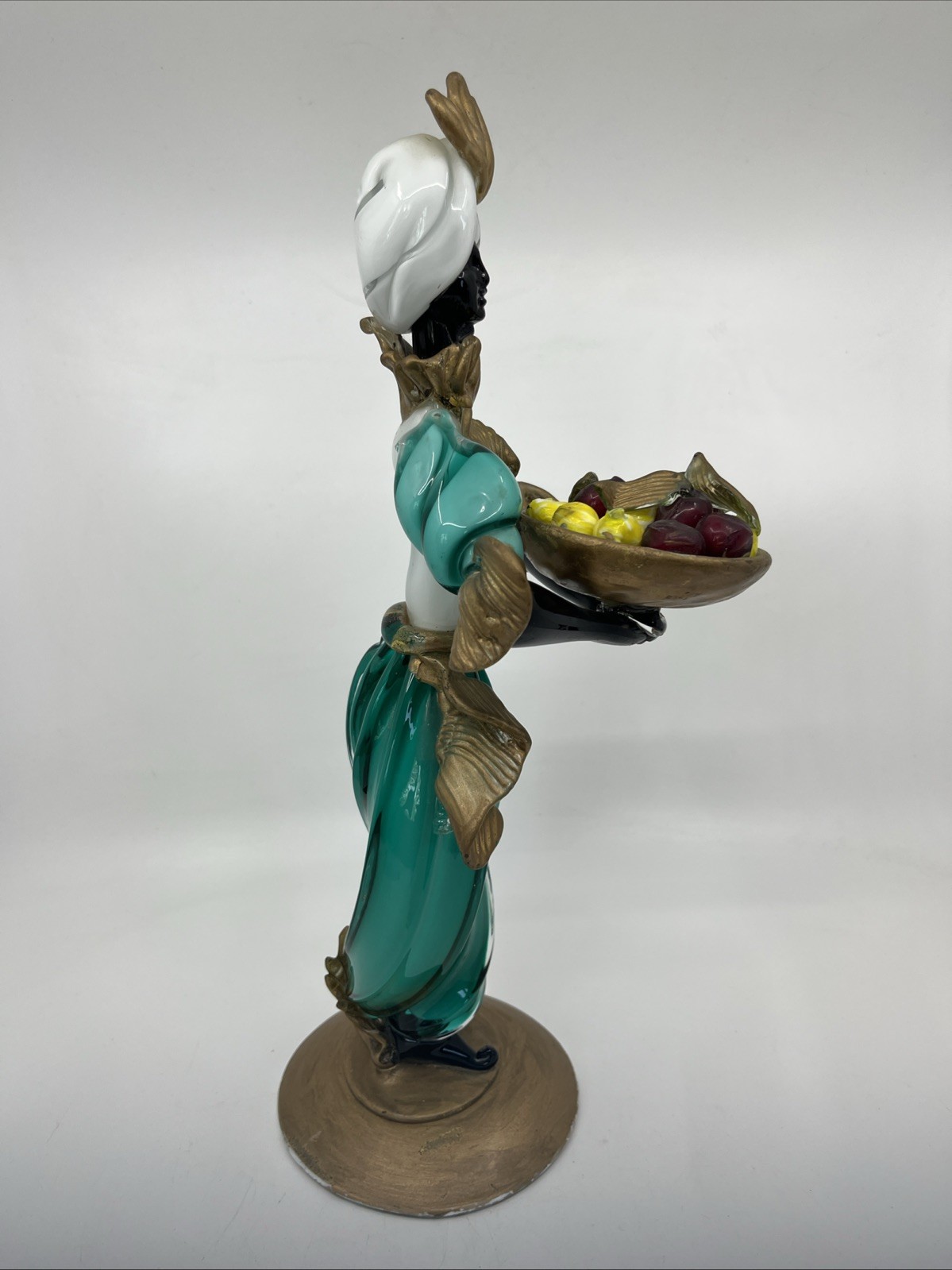 Vintage Murano Glass 14” Figure Black Moroccan Man Turban Fruit Bowl Turquoise