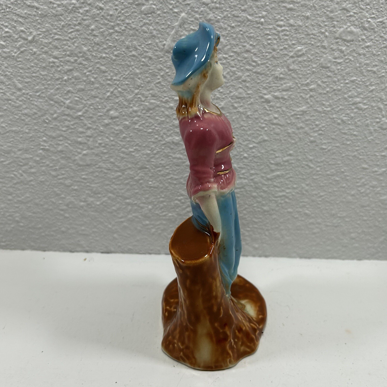 Porcelain Pink And Blue Dressed Lady Figurine with Gold Trim Vintage