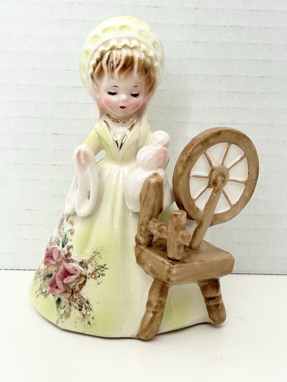 Josef Originals Colonial Days Spinning Wheel Girl Figurine Green Dress