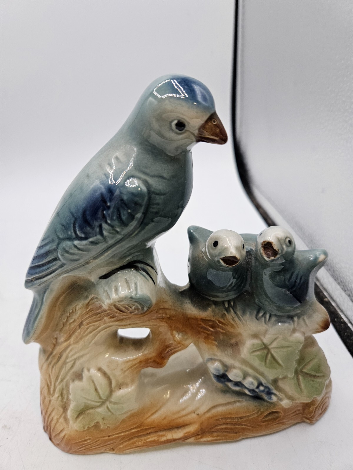 VTG. Porcelain Mama Blue Bird and Babies on Branch Figurine Brazil
