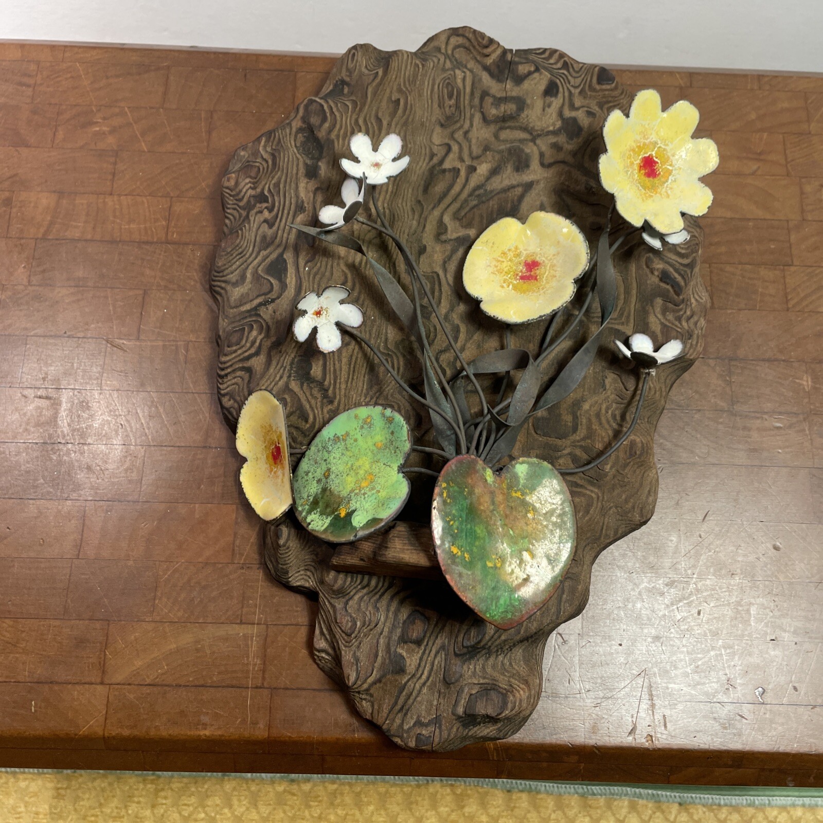 Vintage Mid Century Wood Wall Sculpture Enamel Copper Creations Lee Murrell RARE