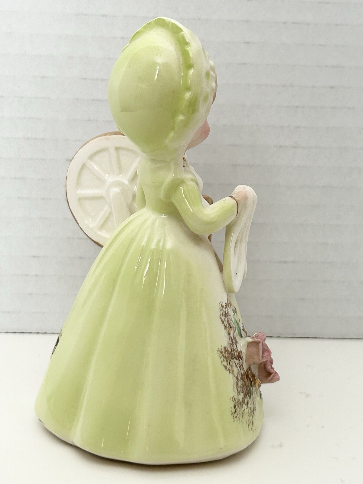 Josef Originals Colonial Days Spinning Wheel Girl Figurine Green Dress
