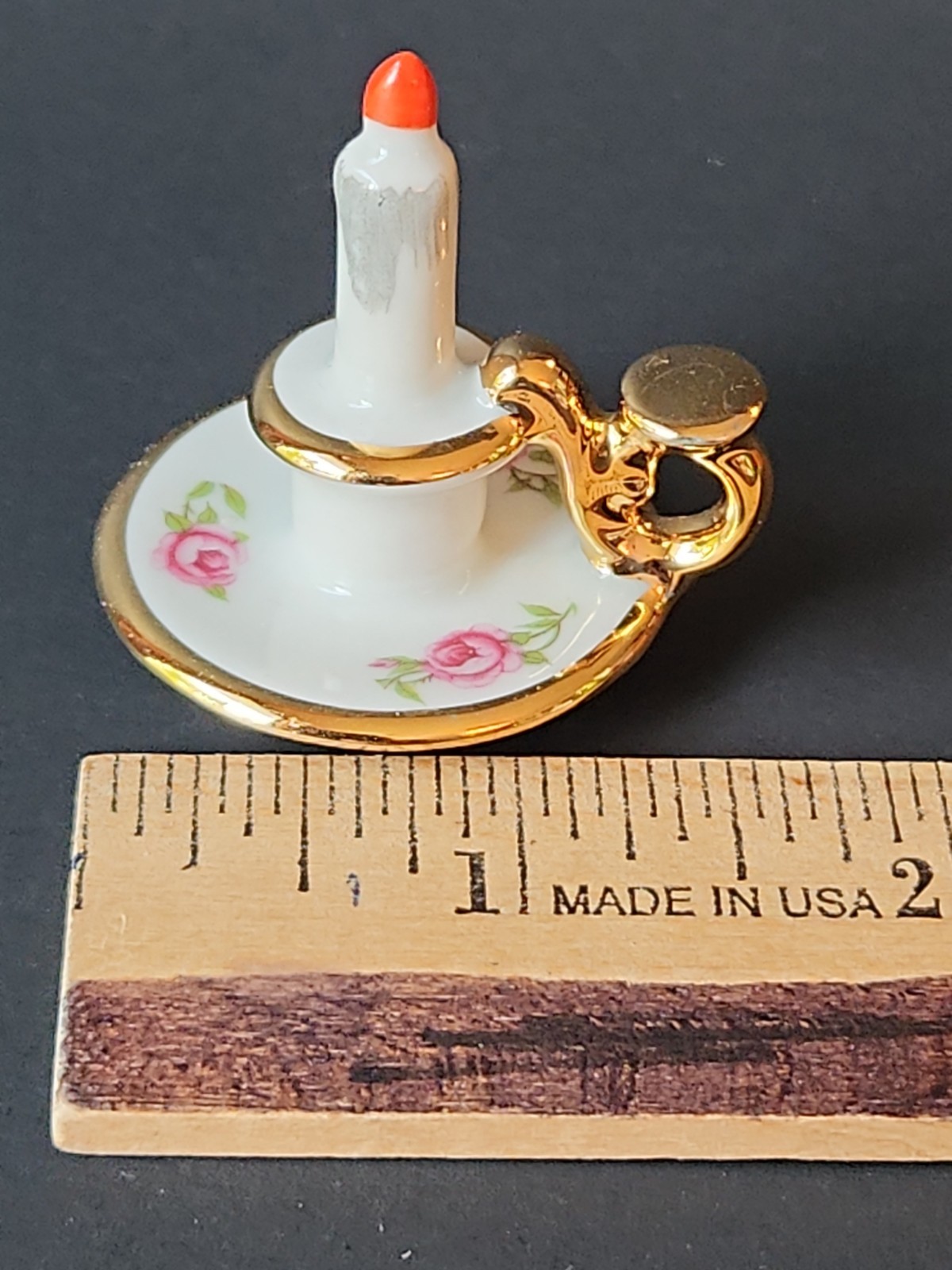 Vintage Limoges France Miniature Porcelain Candlestick Roses Gold Trim Dollhouse