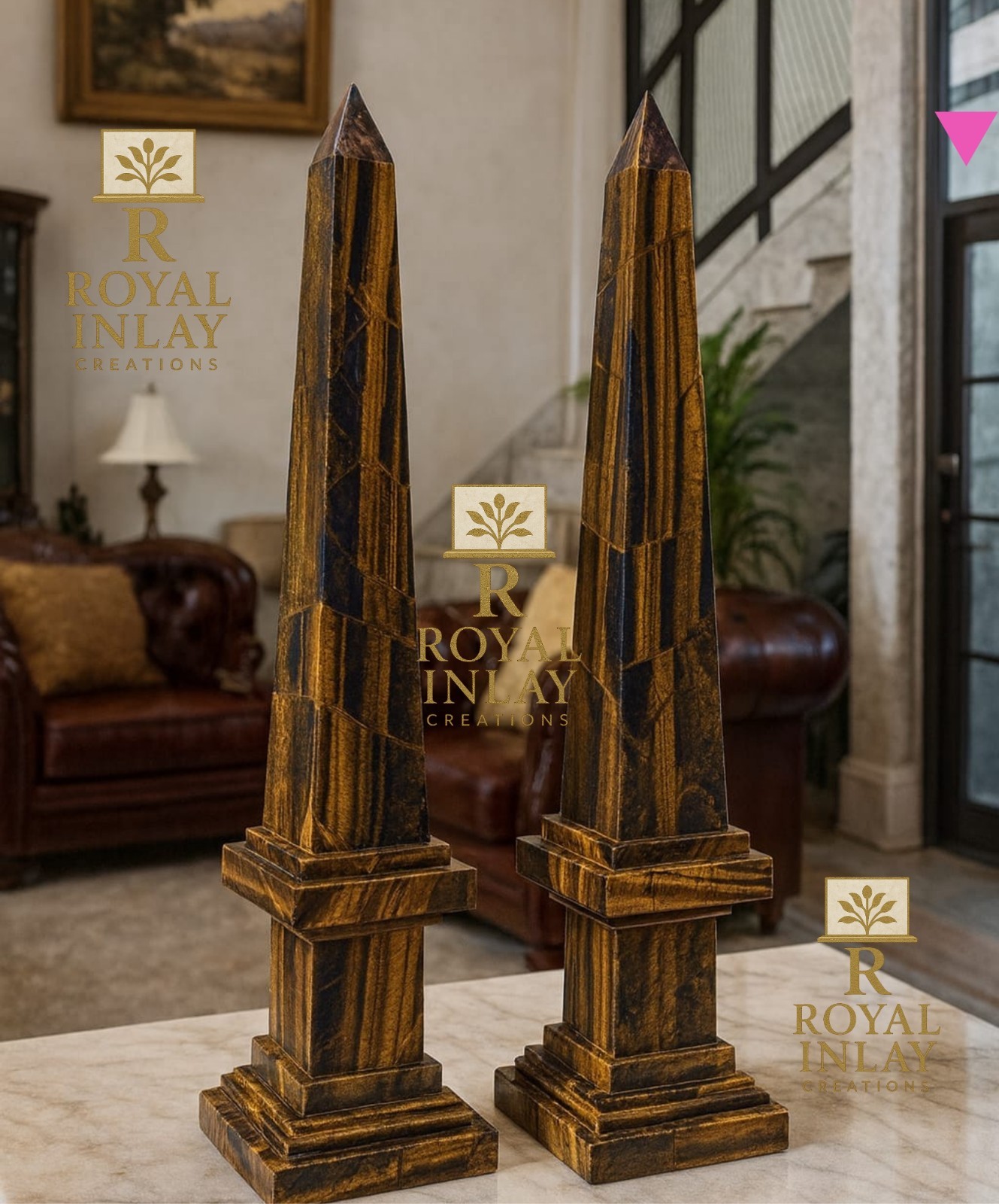 Tiger Eye Obelisks (Pair) | Hand-Carved Crystal Sculptures |Luxury Decor 15″