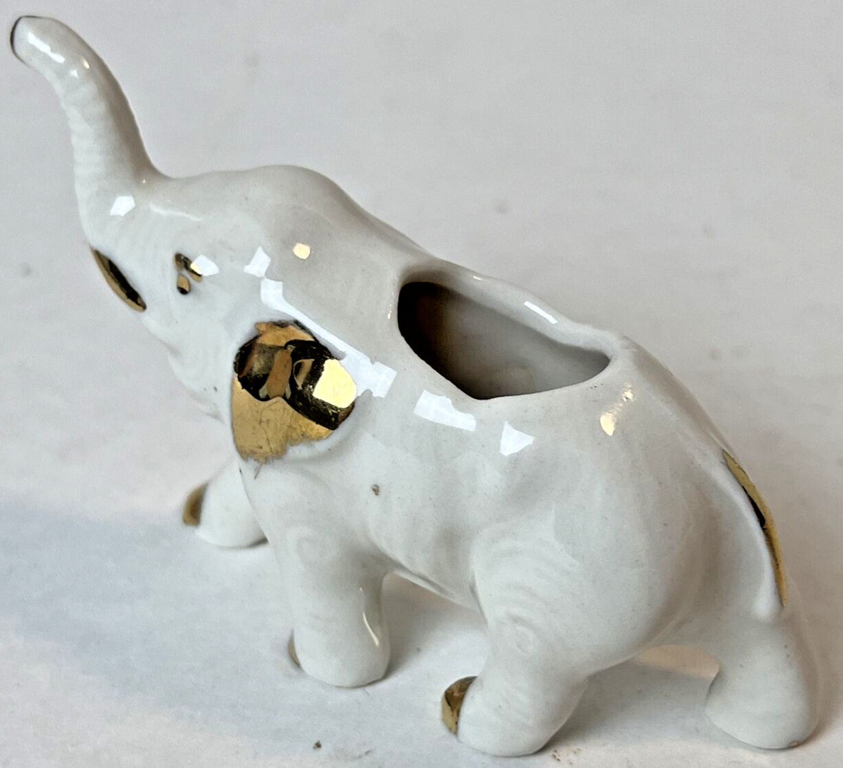 Vintage Miniature Elephant Planter Toothpick Holder White Porcelain Gold Accents
