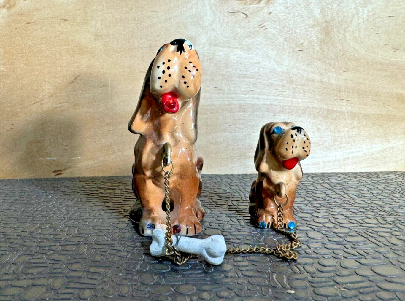 Anthropomorphic Wales Hound Dog and Puppy on Chain with Bone *