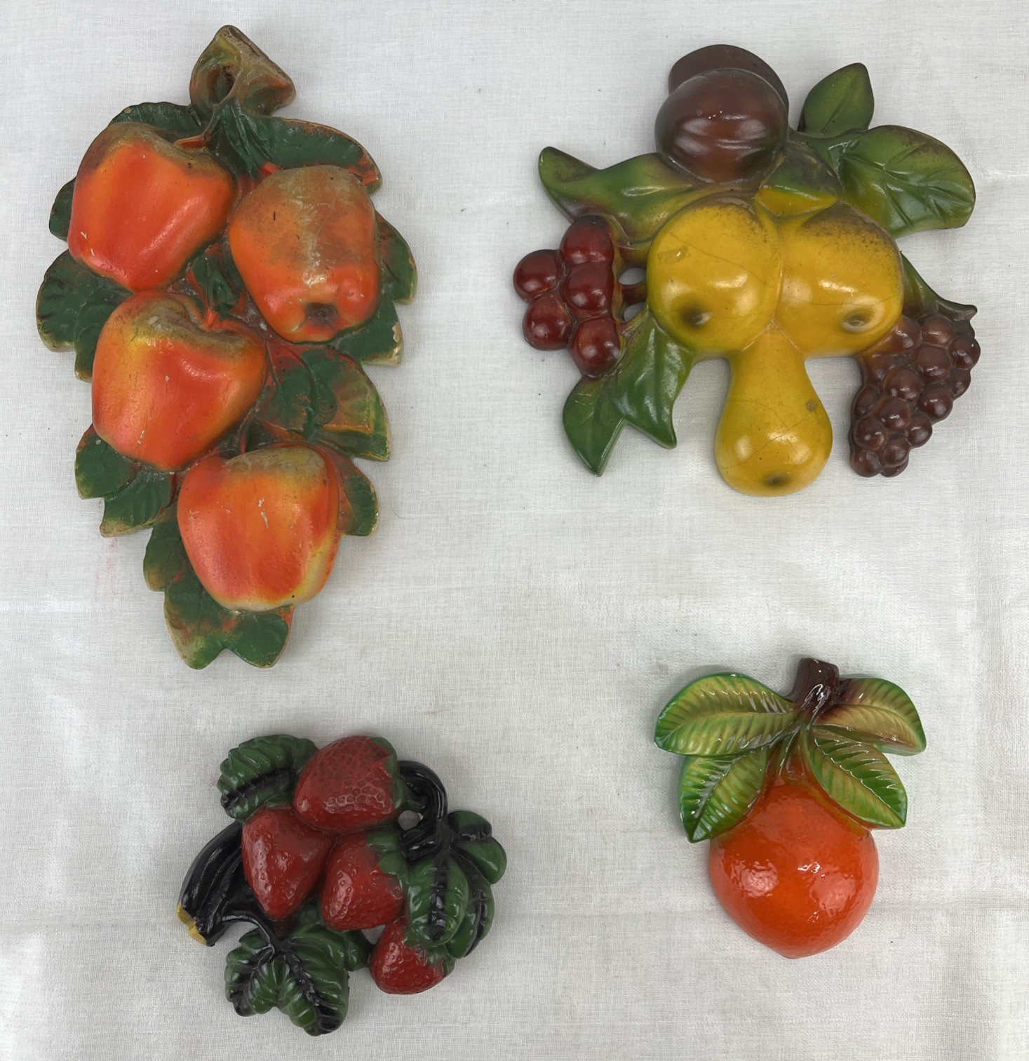 Mixed Fruit Chalkware Plaster Painted Wall Art Set of 4 Vintage Colorful 1960’s