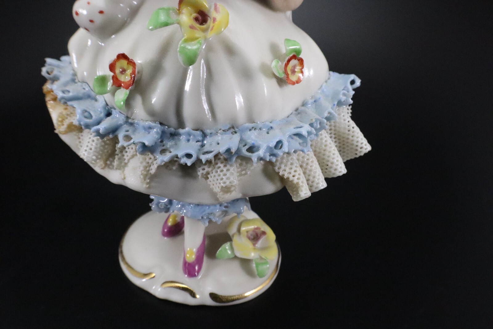 Dresden GIRL in BONNET Porcelain Lace FIGURINE #6 Flowers Germany