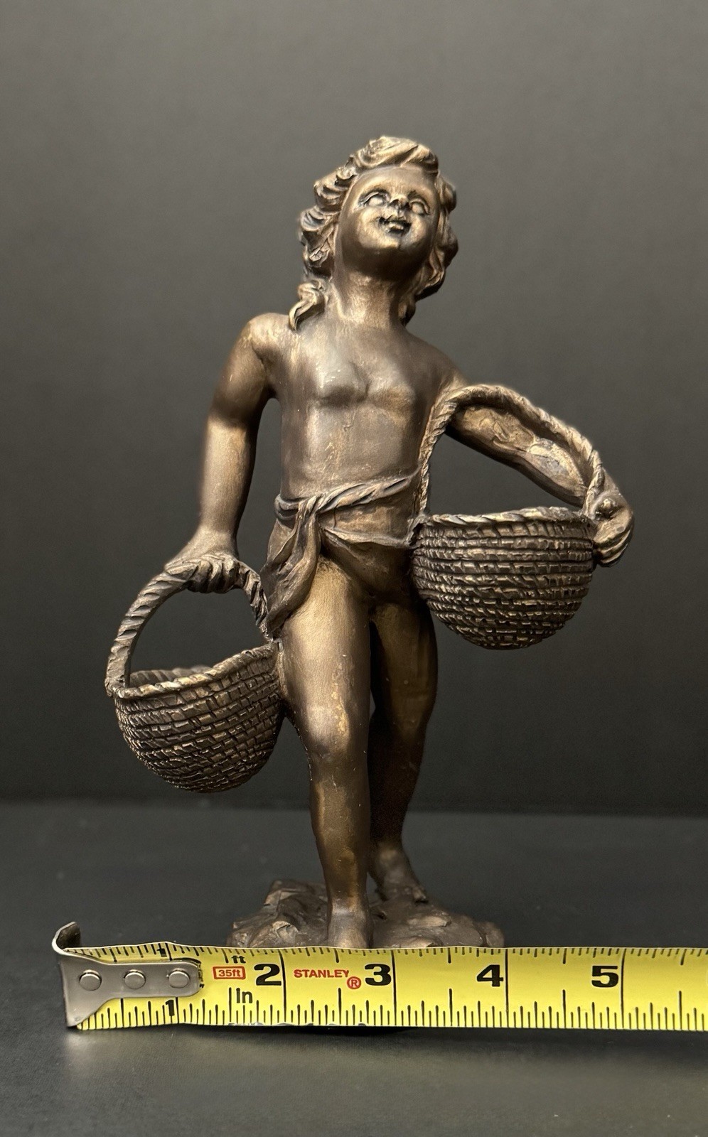 Vintage Cherub Putti Basket Figure Art Nouveau Bronze Finish Decorative Statue
