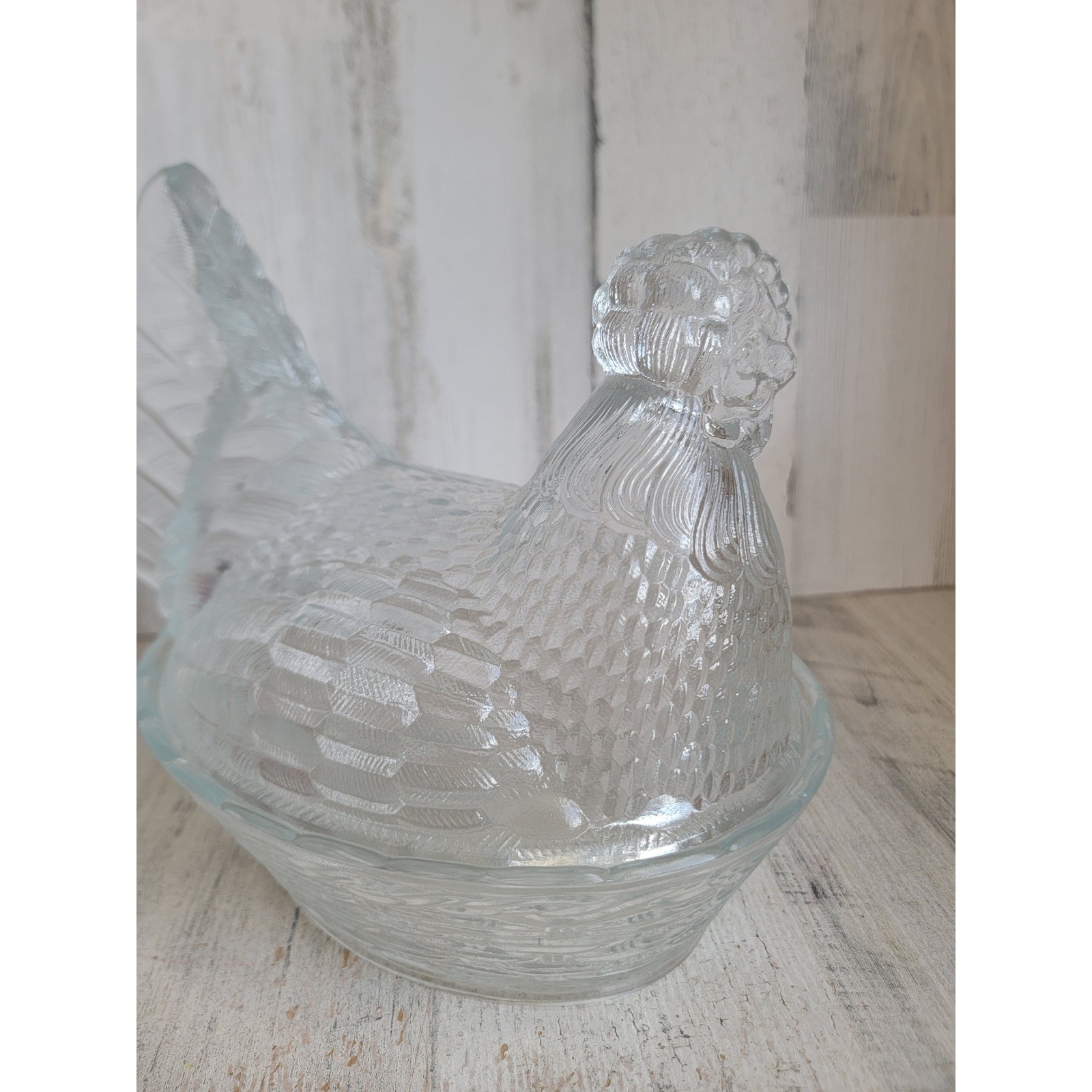 Clear hen on nest chicken nesting candy dish glass container Xmas home decor