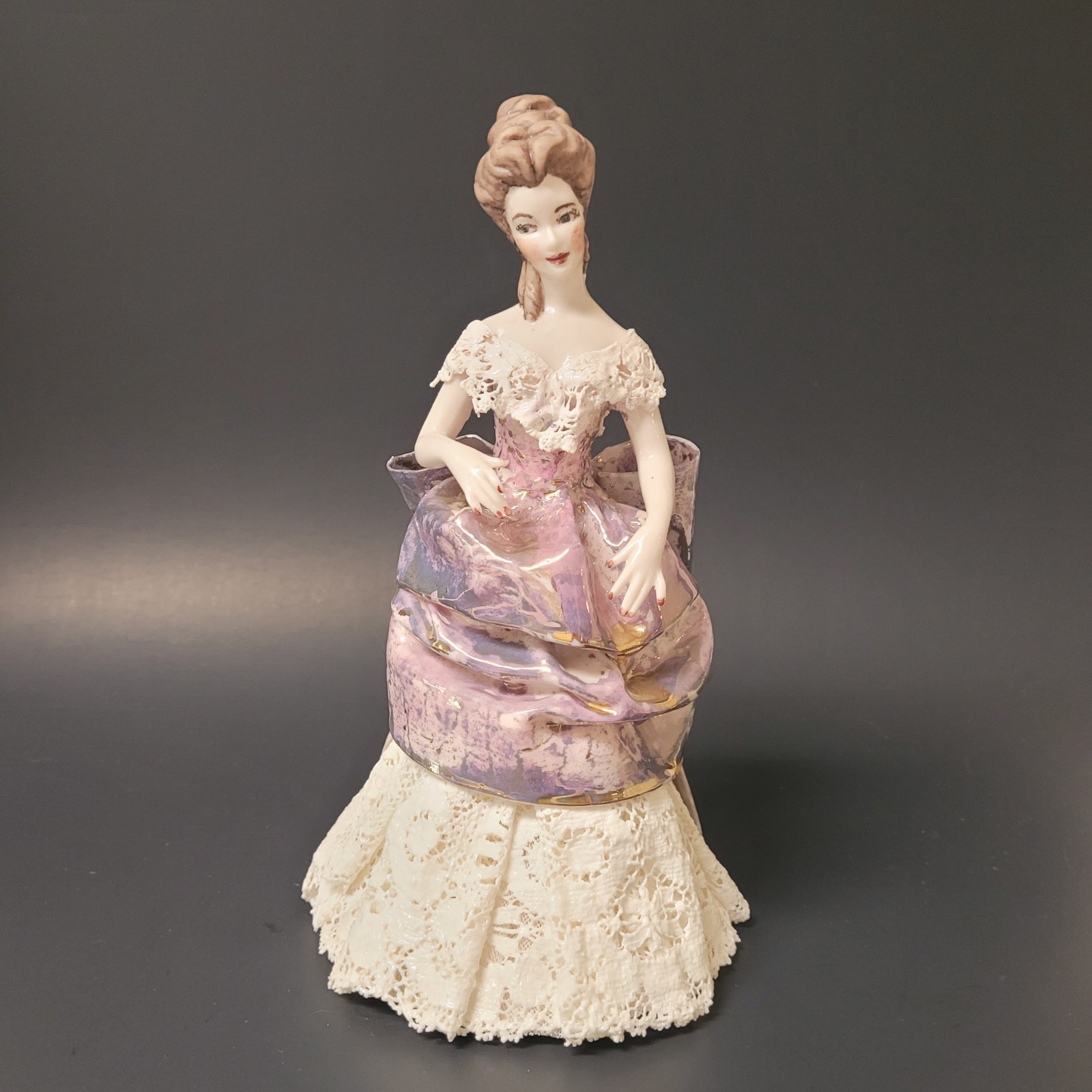 1966 Jamar Mallory Studio Ceramic Lace Dress Figurine White w/ Purple Bow 9.5″