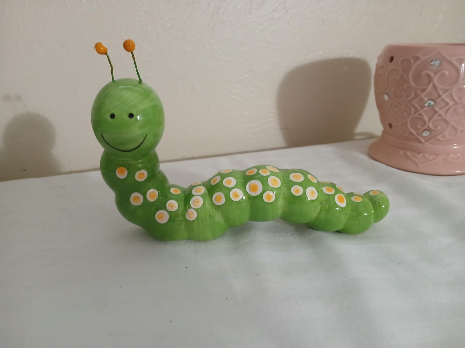 Vintage Mini Ceramic Inchworm Figurine Whimsical Decor, 2x3x.75 Inches