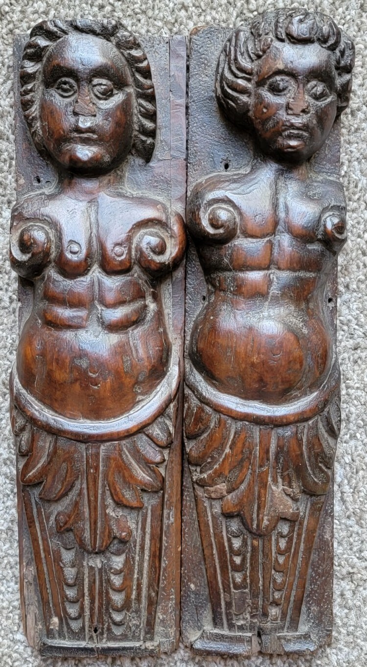 2 Antique 16th c. French RENAISSANCE Carved Caryatid Figures Architectural Terms