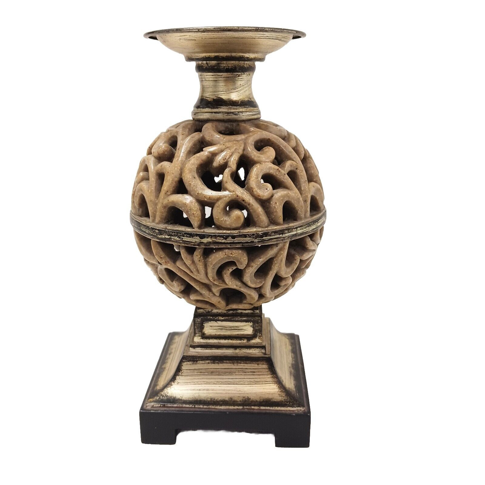 Ornate Candle Holder 12″ Art Deco Faux Alabaster Cut Out Globe Morrocan Boho VNT
