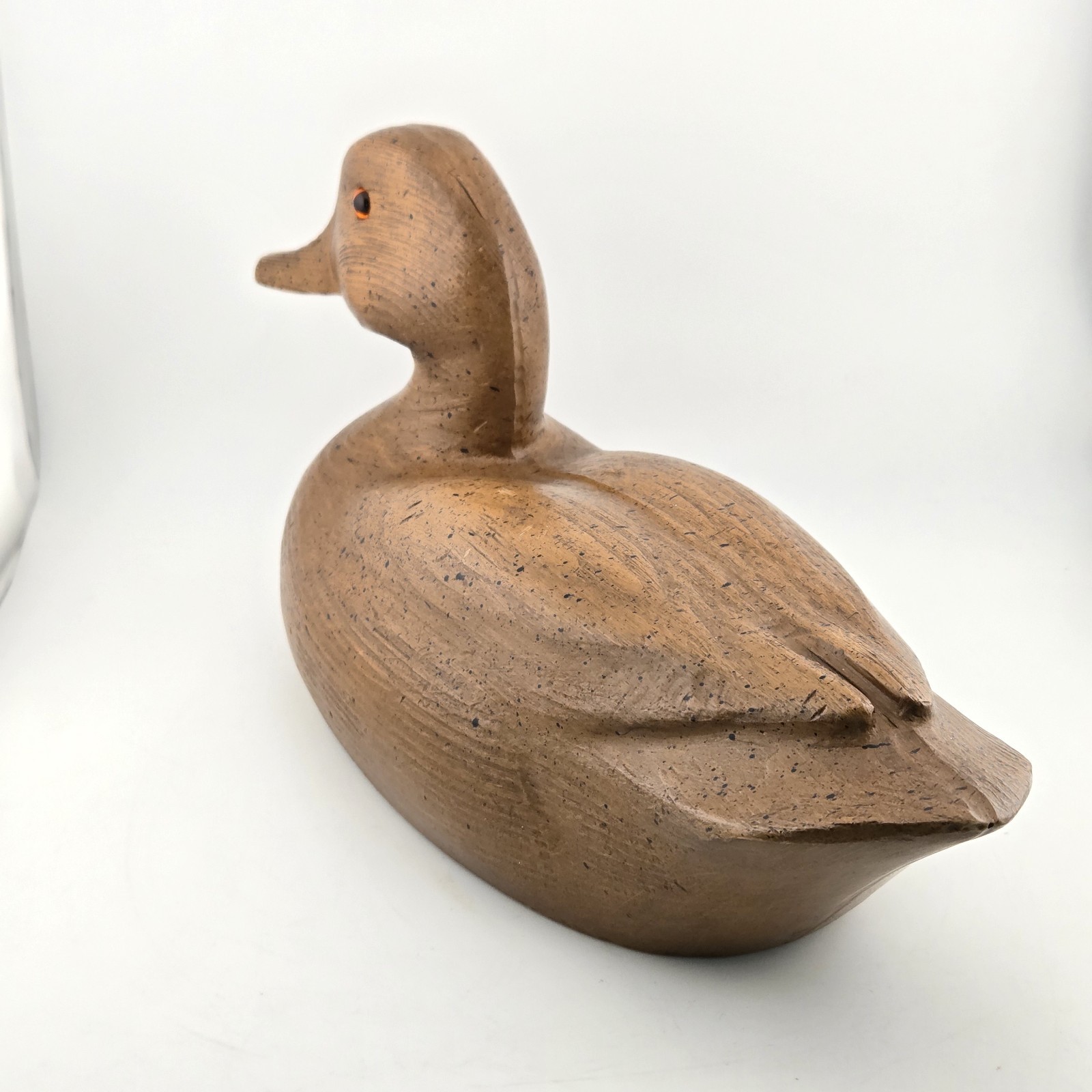 Vtg Molded Composite Resin Faux Wood Duck Decoy Figurine Brown Glass Eyes 14″