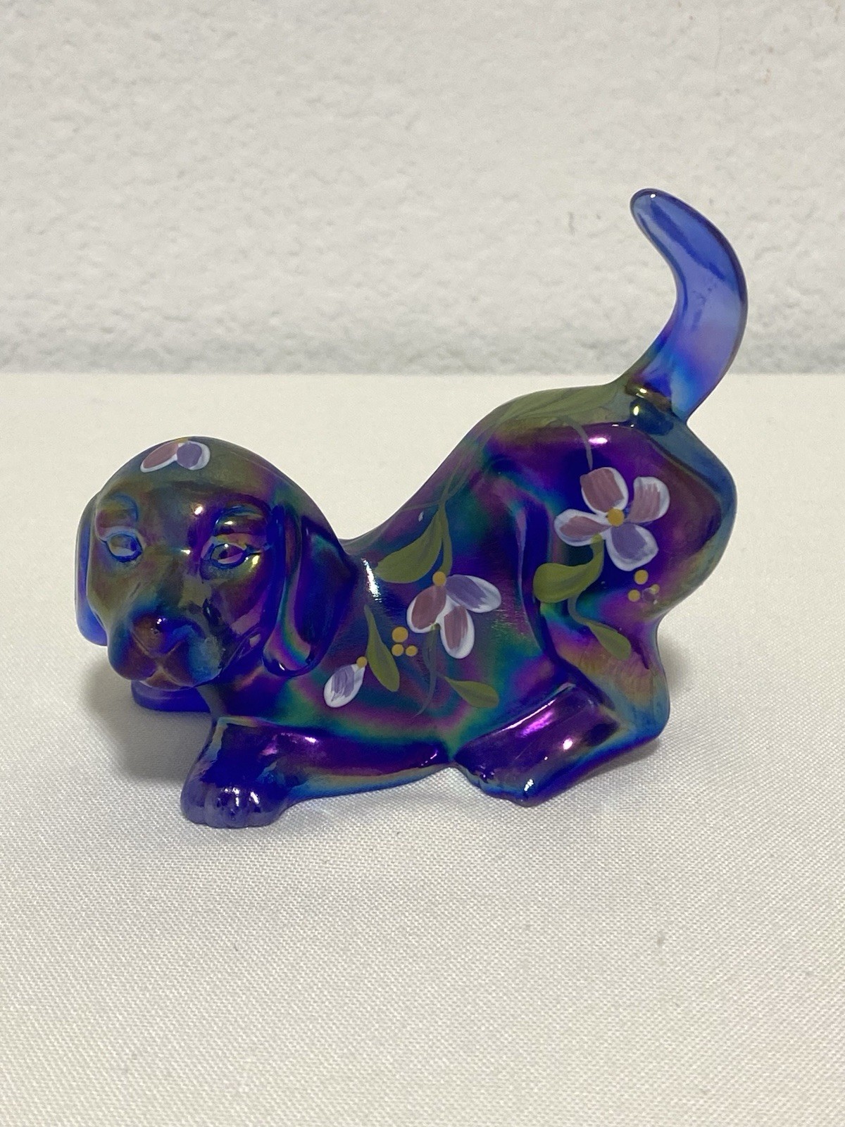 Fenton Cobalt Blue Puppy Carnival Glass Iridescent Hand Painted & Signed Vintage