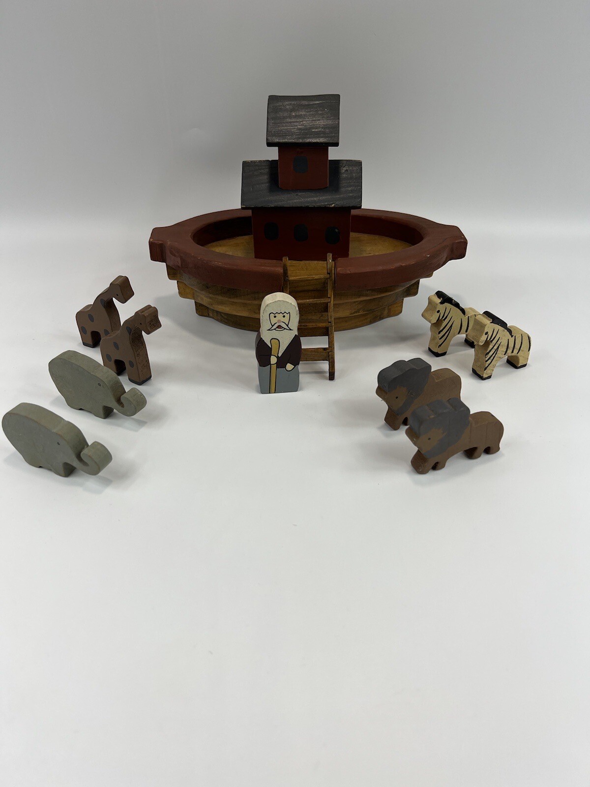 Vintage Wooden Noah’s Arc Noah Animals Elephants Lions Zebras Giraffe Boat