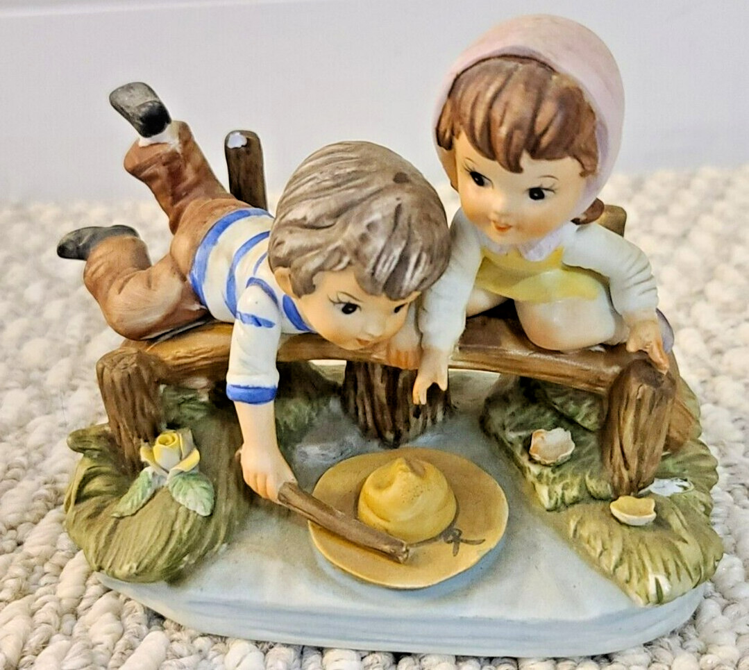 Figurine Artmark Porcelain Boy and Girl On Bridge Hat In Stream Creek