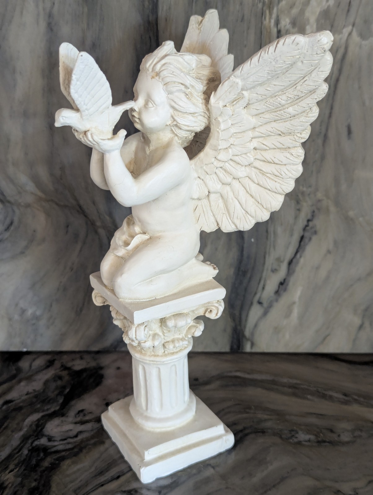 Cherub Angel Statue Pair Corinthian Column Pedestals Dove Wings 8″ 9″ Decor
