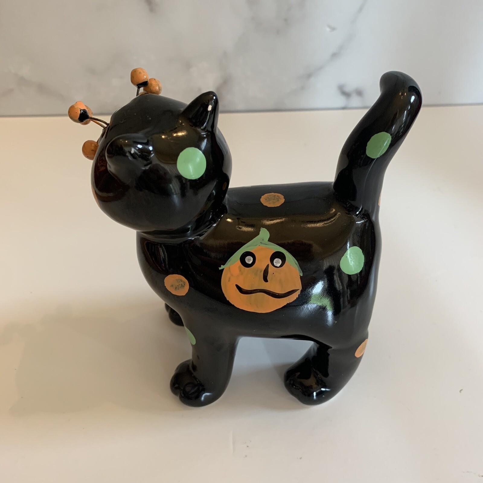 Black Cat Figurine Halloween Ceramic 5.5 Inches Figure Whimsical Jack-o-Lantern