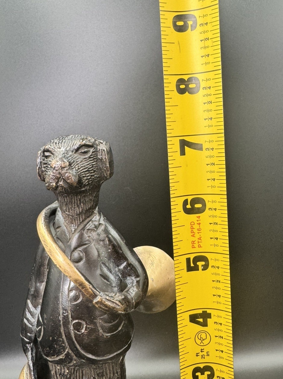 Anthropomorphic Bronze Hunting Dog Huntsman Sculpture with Cap and Horn Vintage