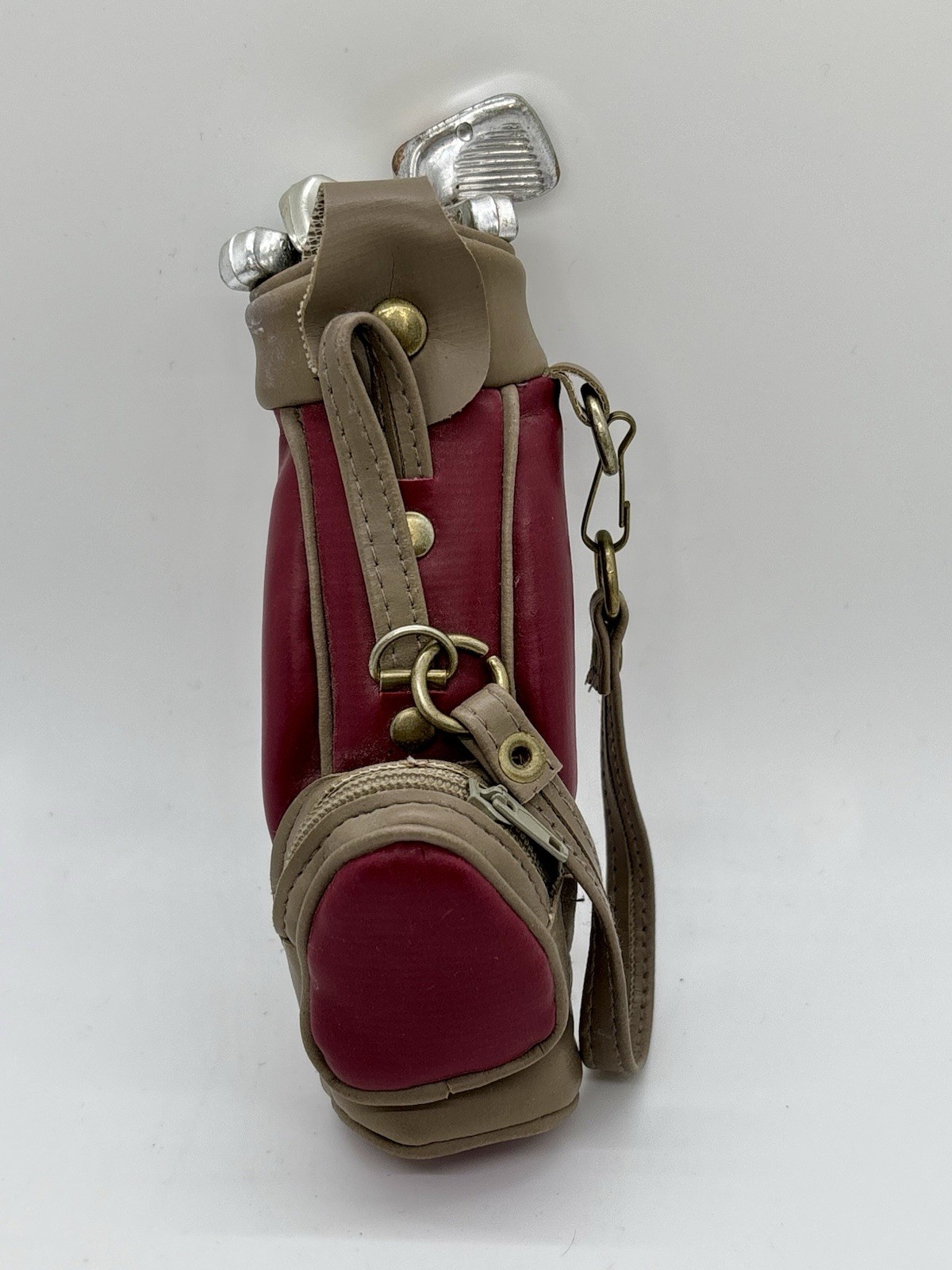 Vintage Miniature Vinyl Golf Bag With Removable Plastic Golf Clubs Maroon Doll