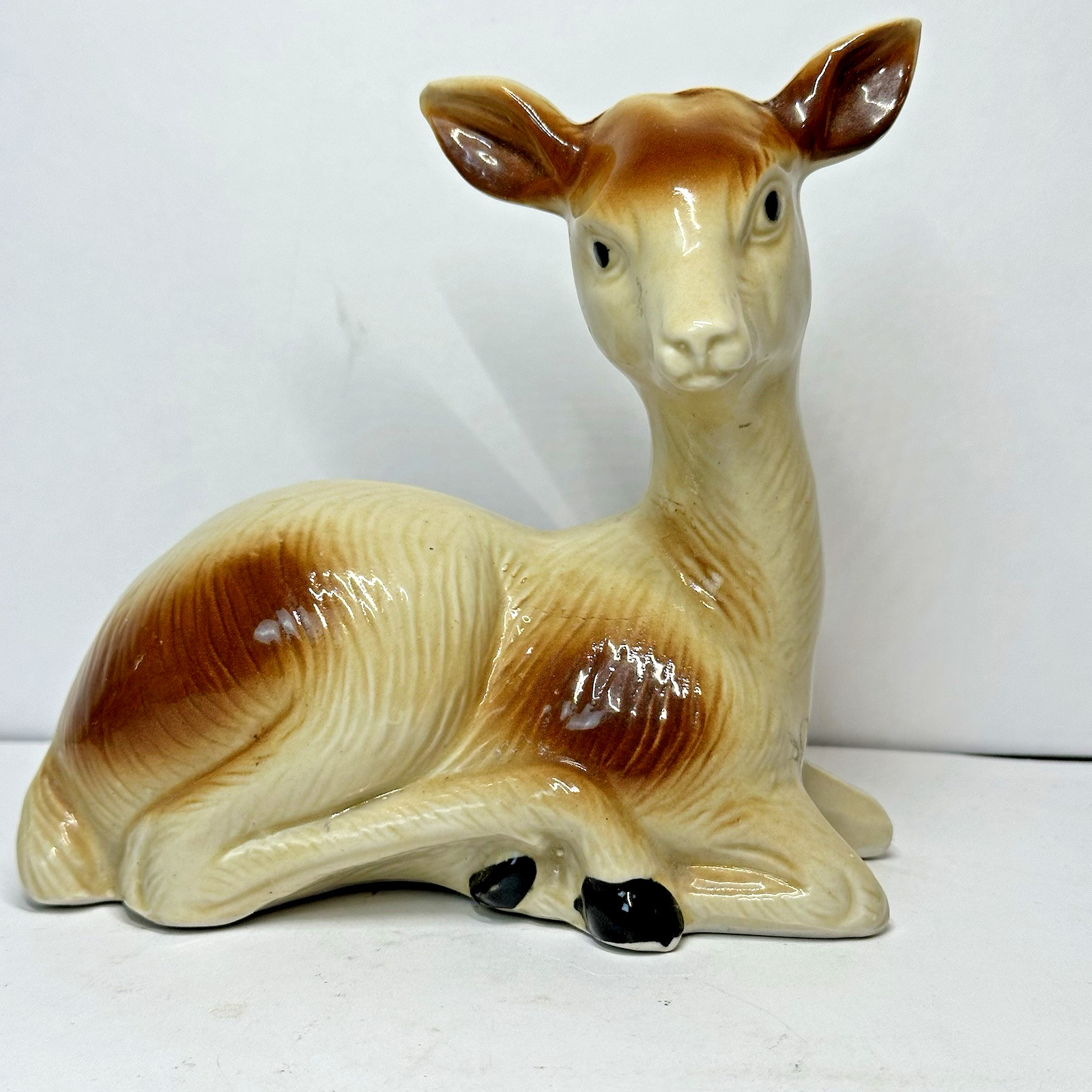 Vintage Made in Brazil Ceramic Laying Resting Deer, Reindeer Figurine 6″H x 6″L