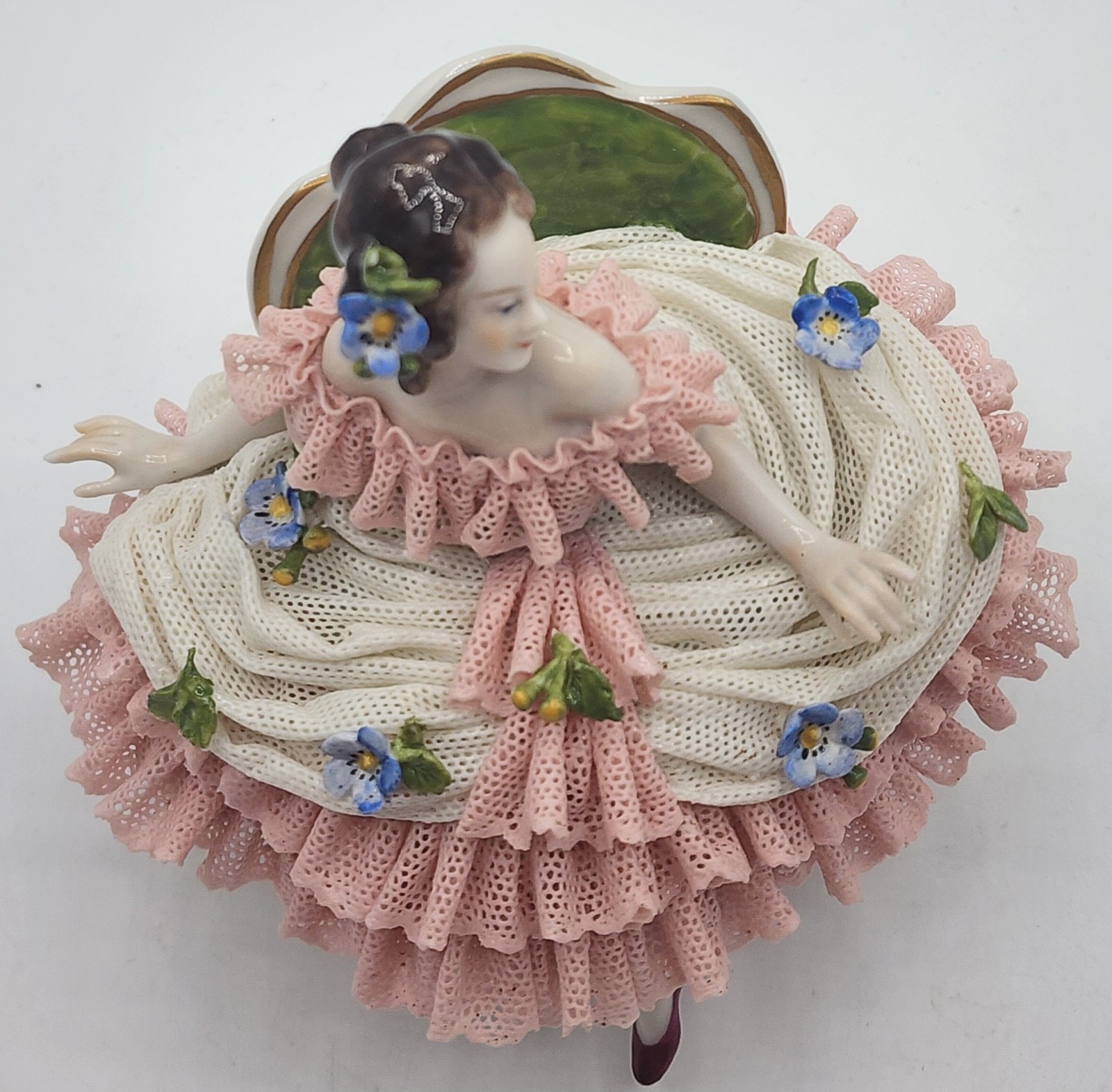 Antique German Volkstedt Dresden Lace Porcelain Figurine Lady On Sofa 5″× 5.5″