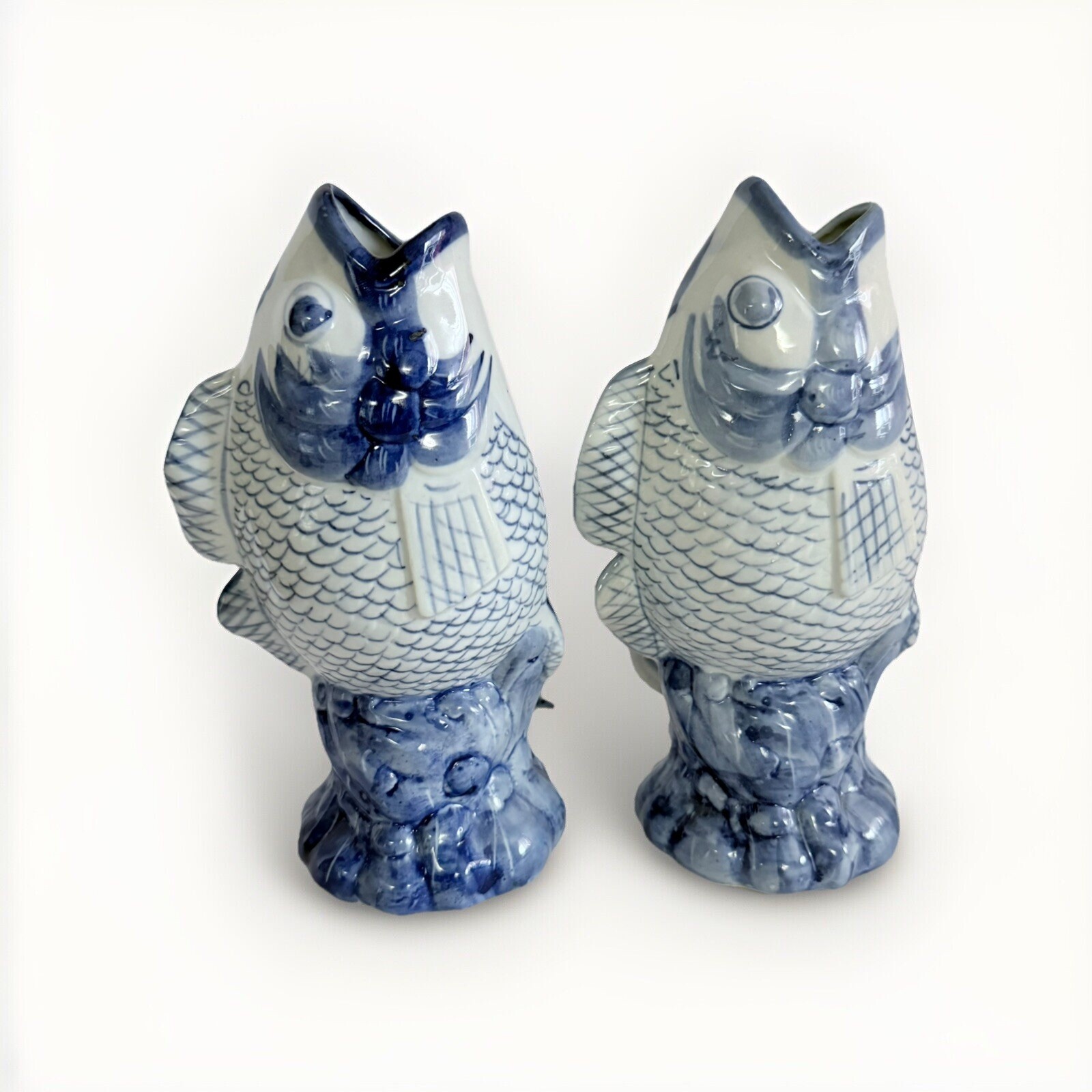 Vintage Porcelain Koi Fish Vase Williams Sonoma 8.75″ Tall Set Of 2
