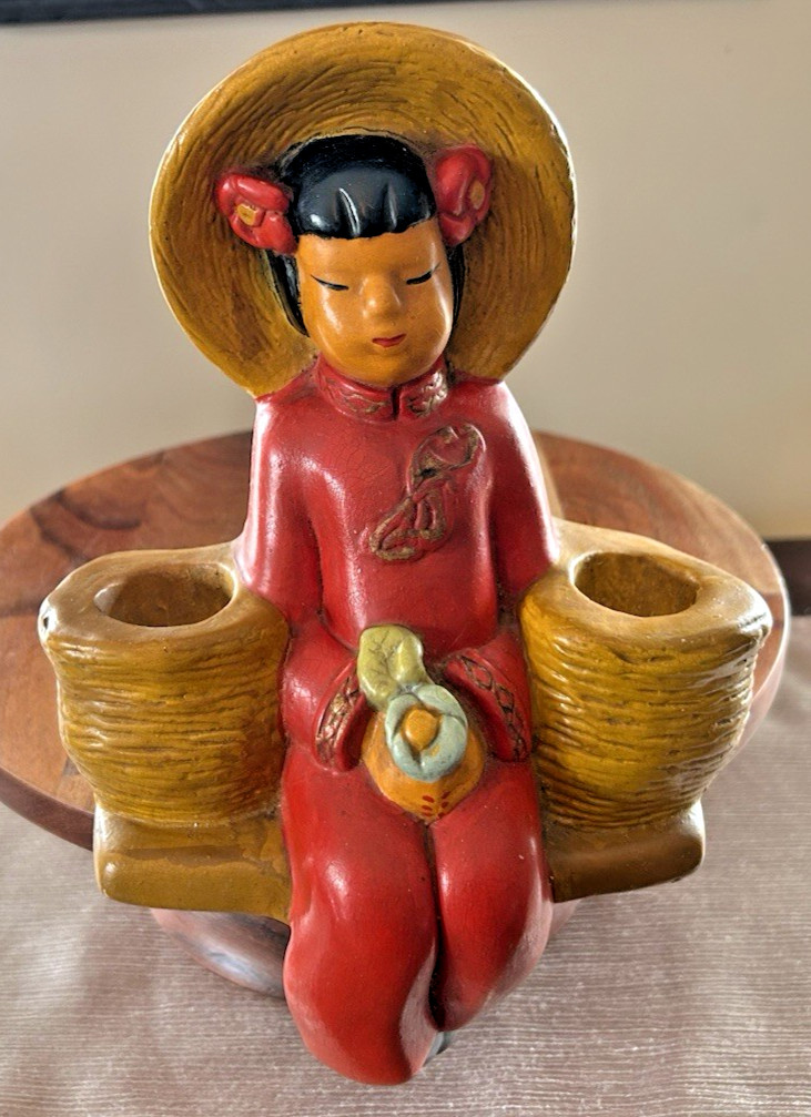VTG MCM Chalkware Plaster Asian Figure 3-D Wall Plaque for Plants, Candles 11″