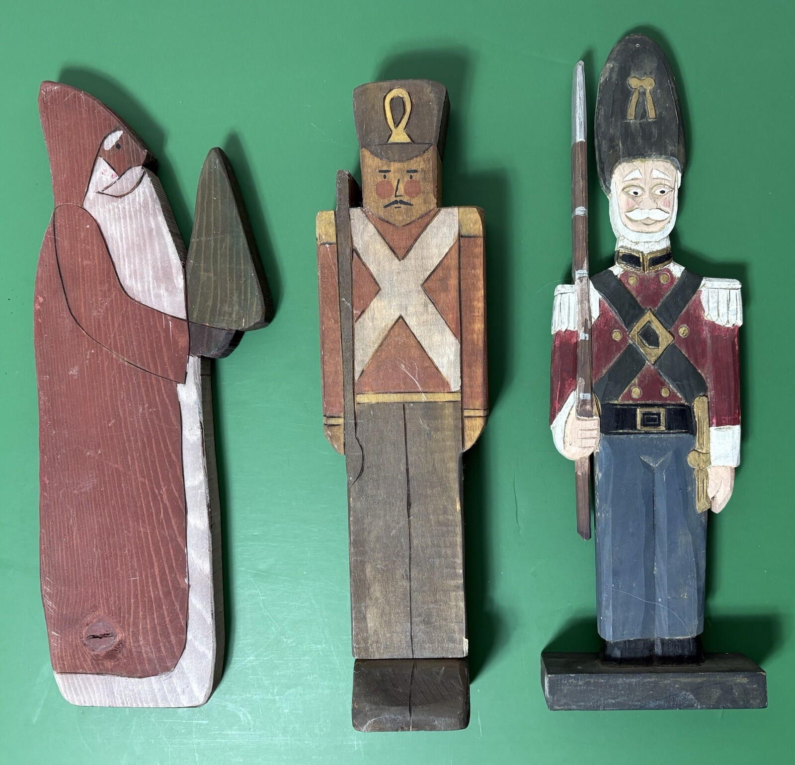 Lot Of 3 Wooden Hand Carved Christmas Characters Santa & Toy Soldiers, Stamp PVW