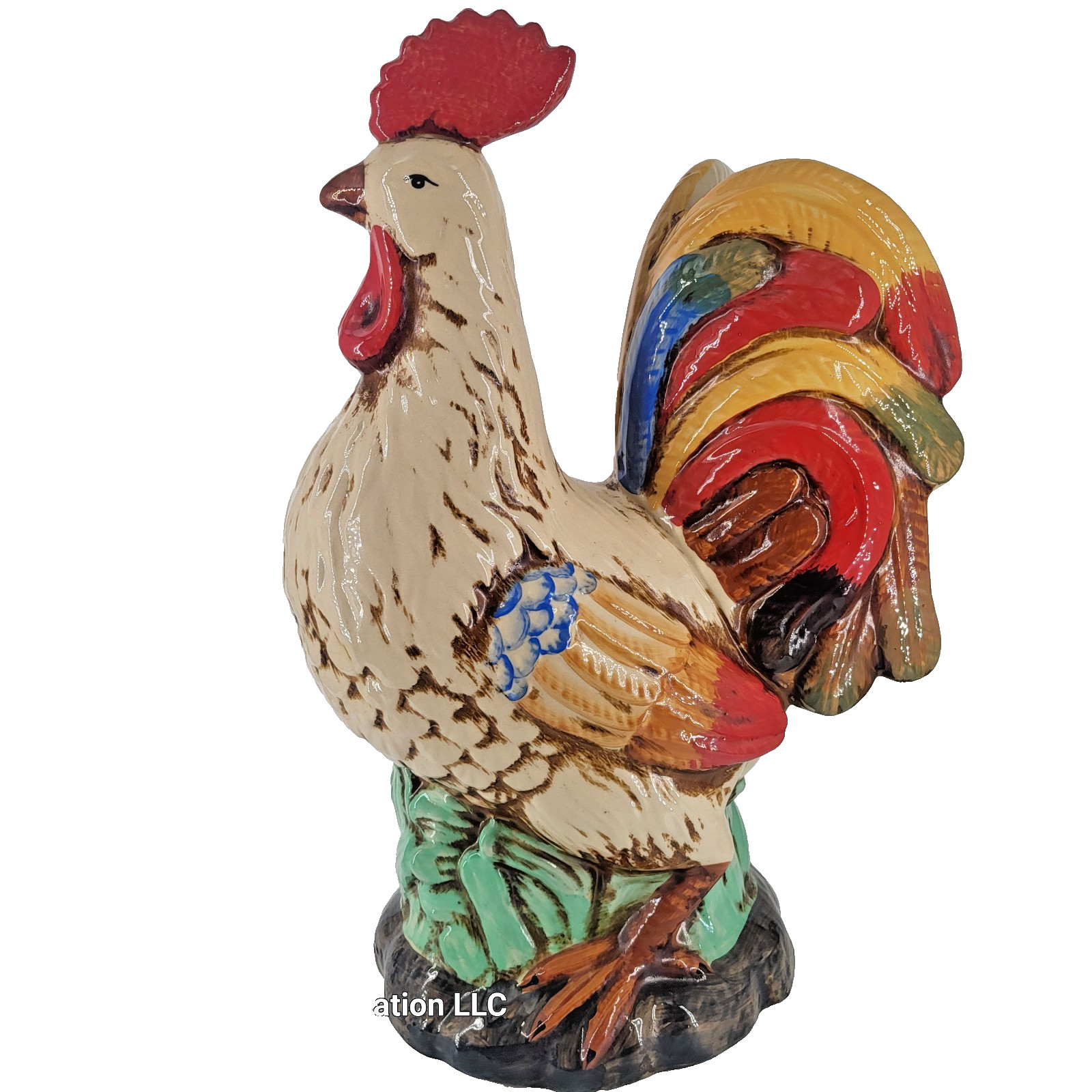 Large Hand Painted Ceramic Rooster Statue Majolica Style 16.5 ” Farmhouse Cock