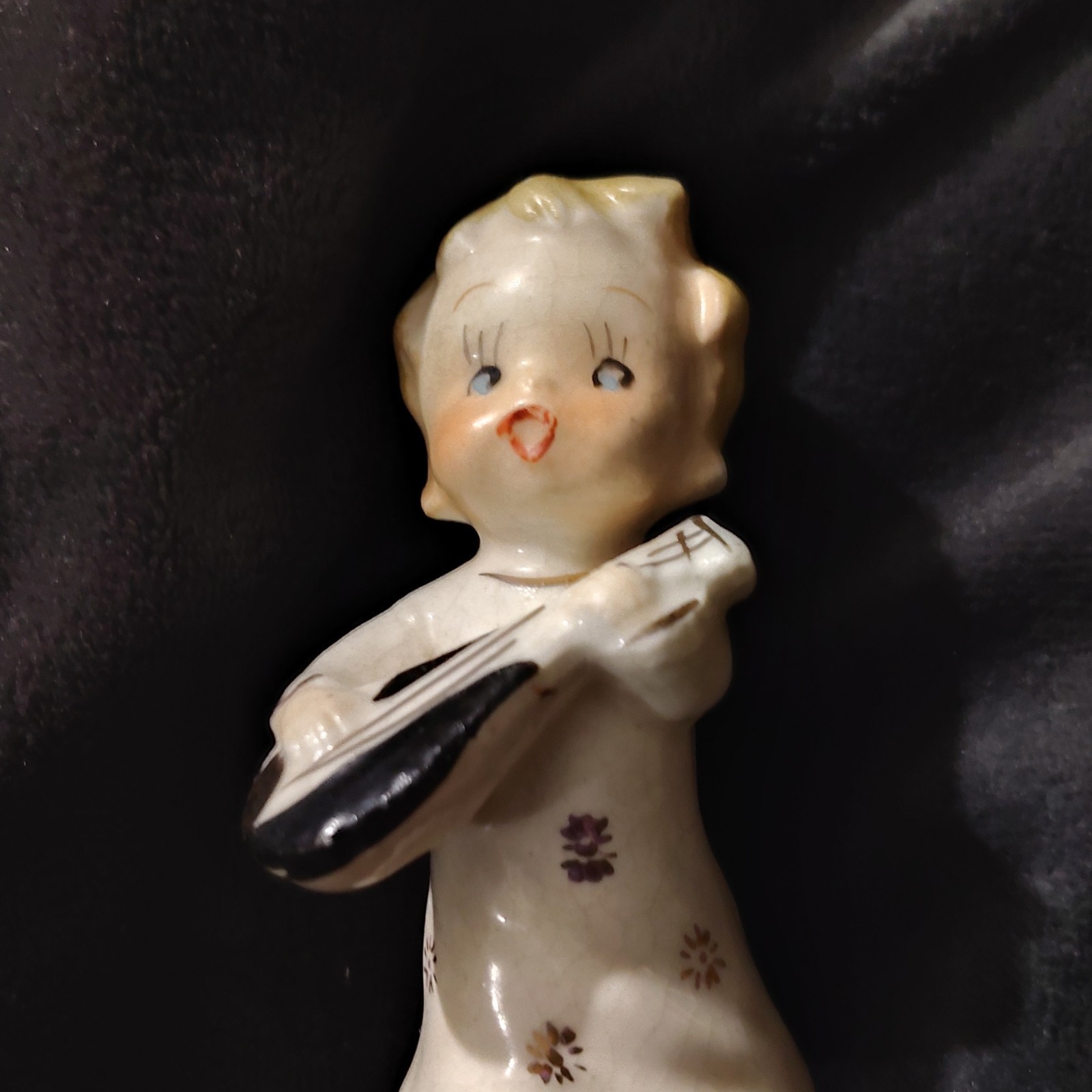 Ceramic Girl Musician Figurines Lot of 5, Glazed White/Black/Gold, Music Theme